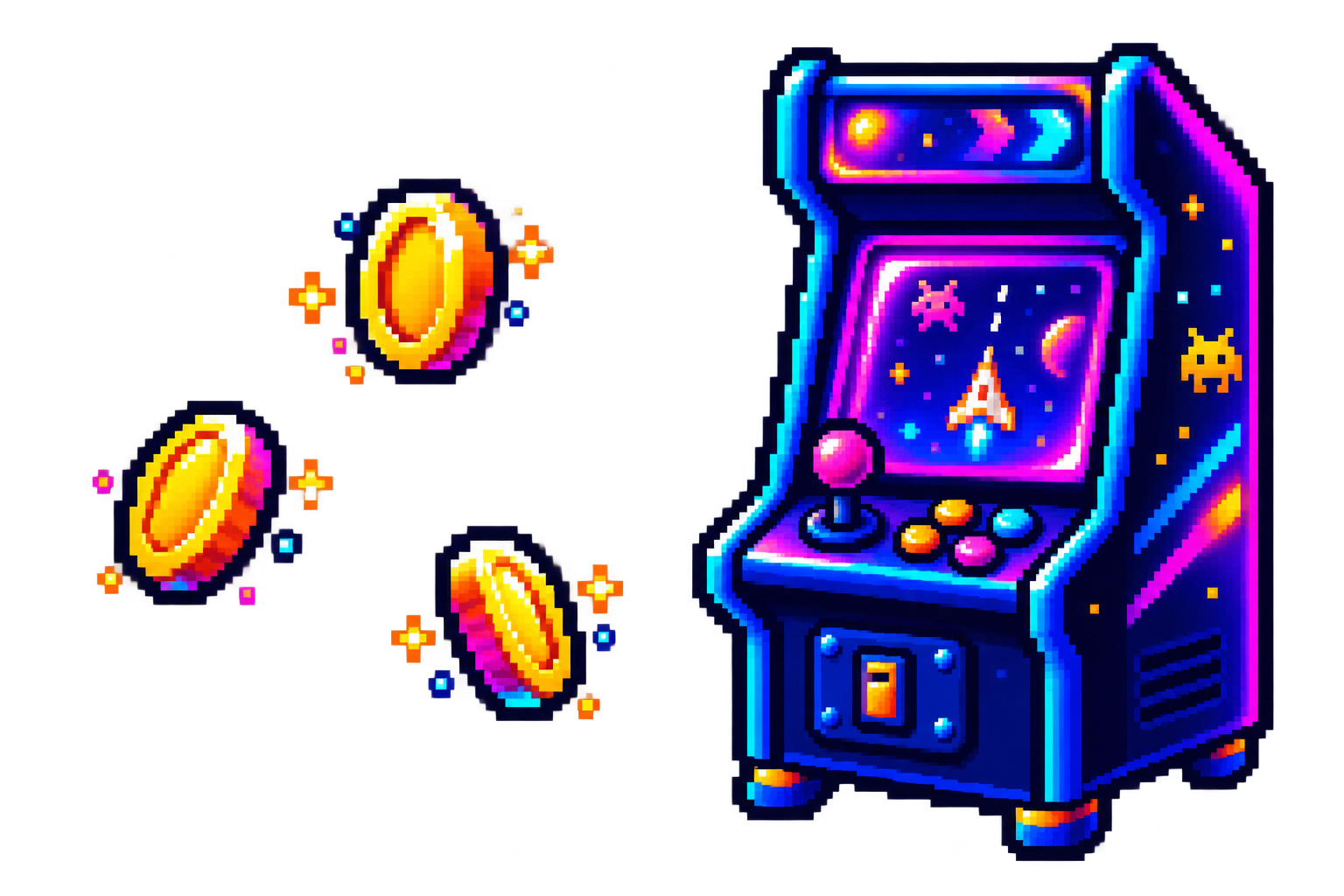 Pixel arcade cabinet and coins