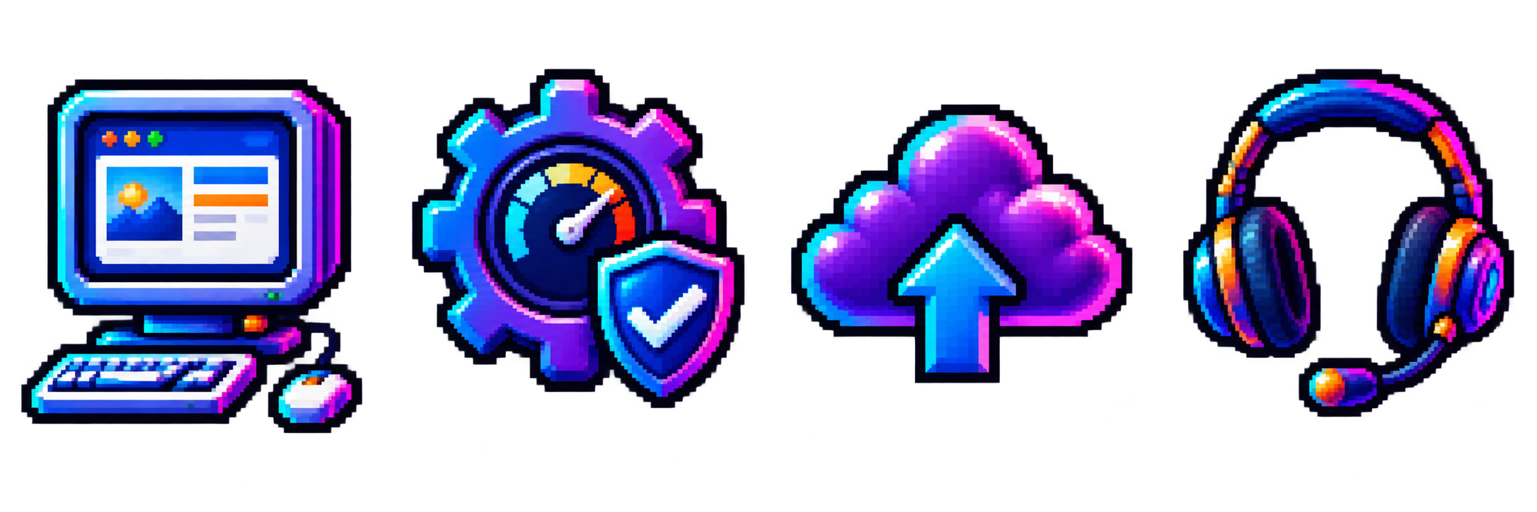 Pixel-art icons representing custom design, secure hosting, ongoing care, and support