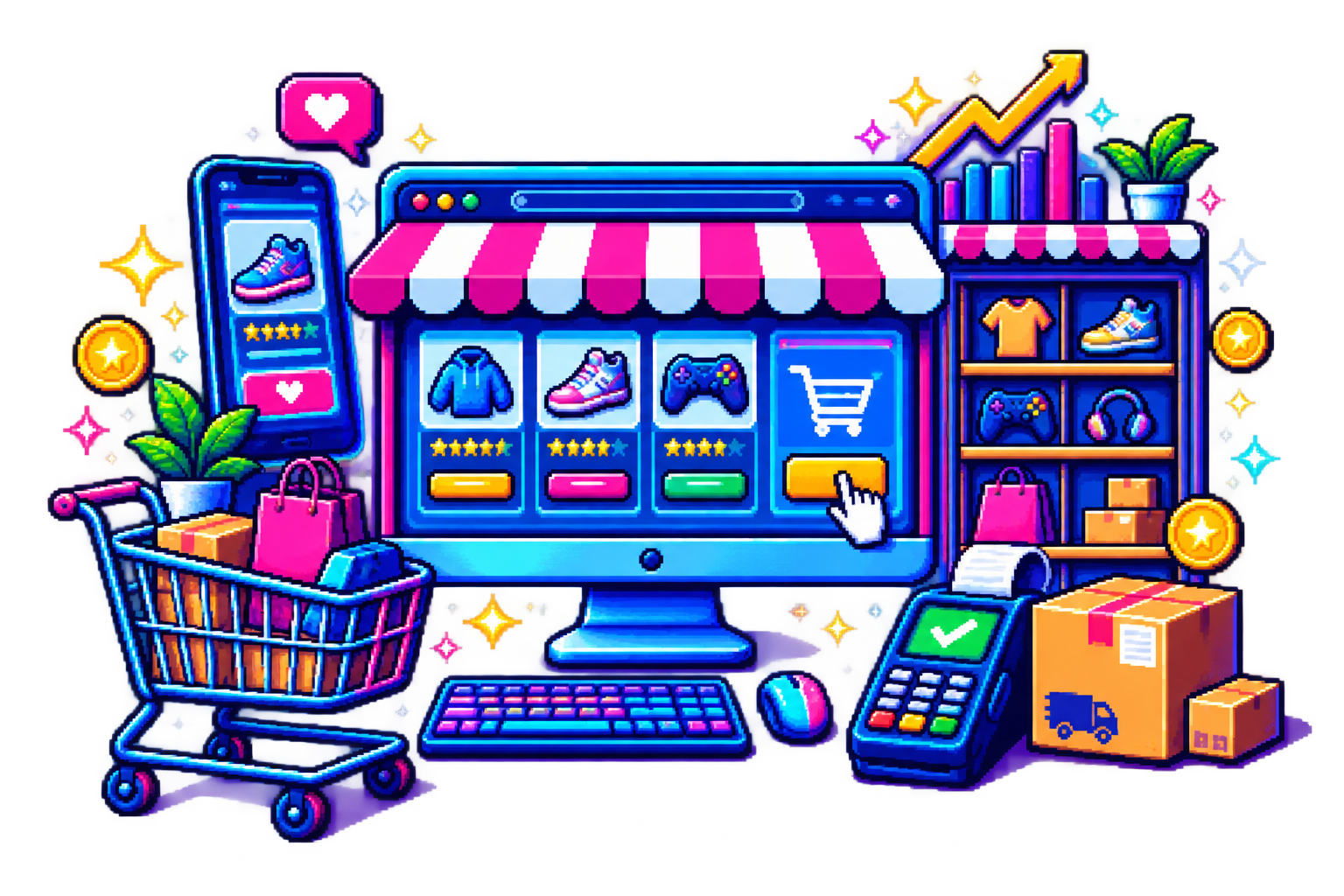 Neon pixel-art online store with products, shopping cart, checkout terminal, and shipping boxes