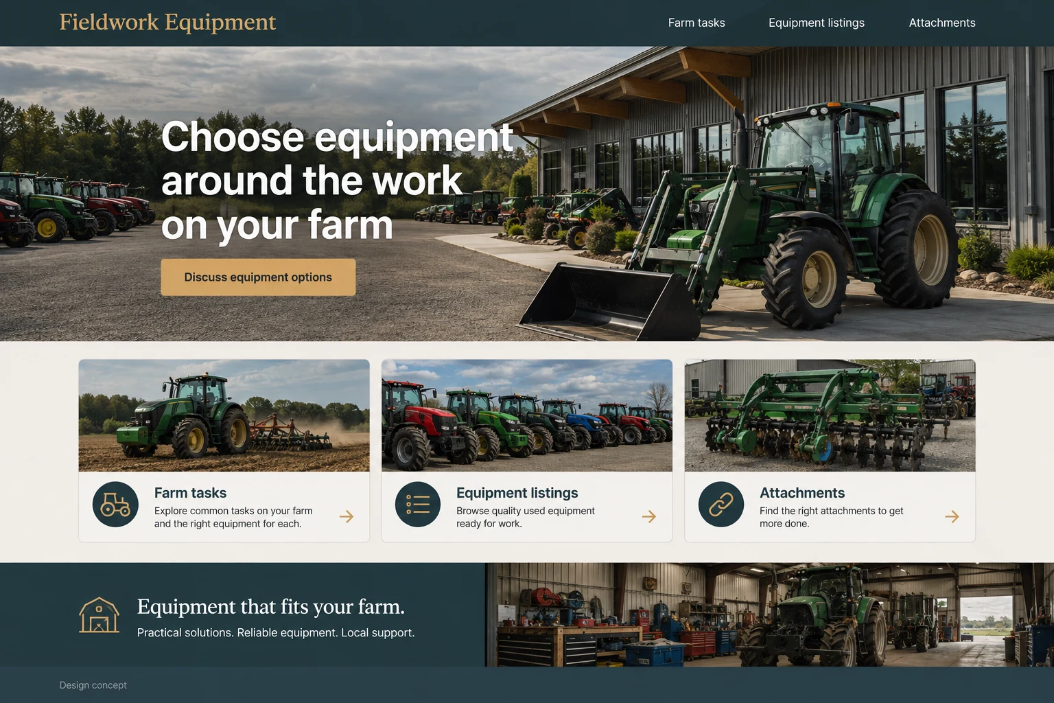 Agricultural Equipment Dealers website concept: Choose equipment around the work on your farm; call to action: Discuss equipment options