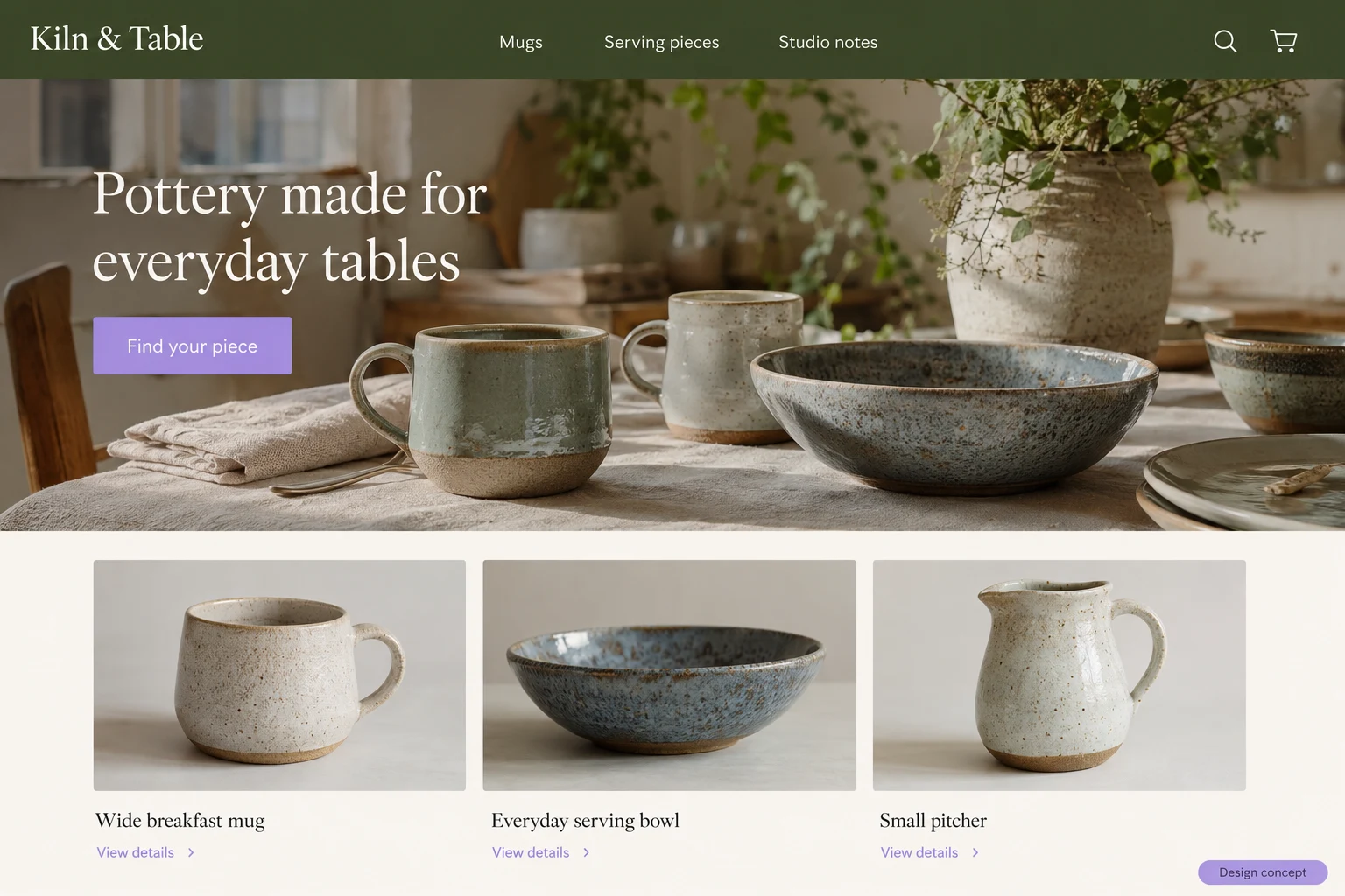 Alabama website concept: Pottery made for everyday tables; call to action: Find your piece