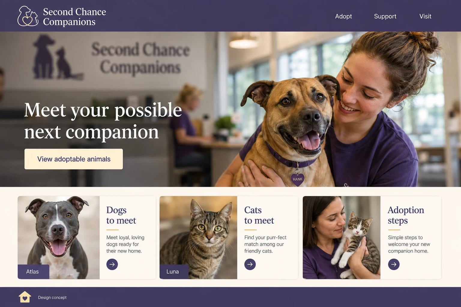 Animal Shelter website concept: Meet your possible next companion; call to action: View adoptable animals