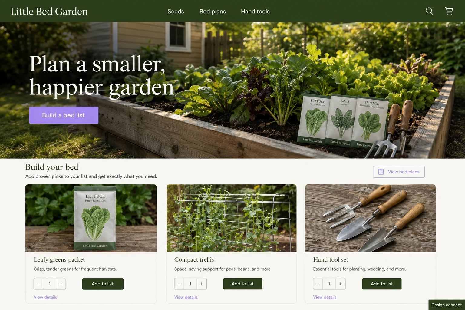Arkansas website concept: Plan a smaller, happier garden; call to action: Build a bed list