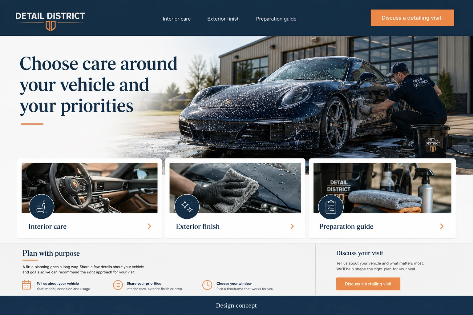 Auto Detailing website concept: Choose care around your vehicle and your priorities; call to action: Discuss a detailing visit