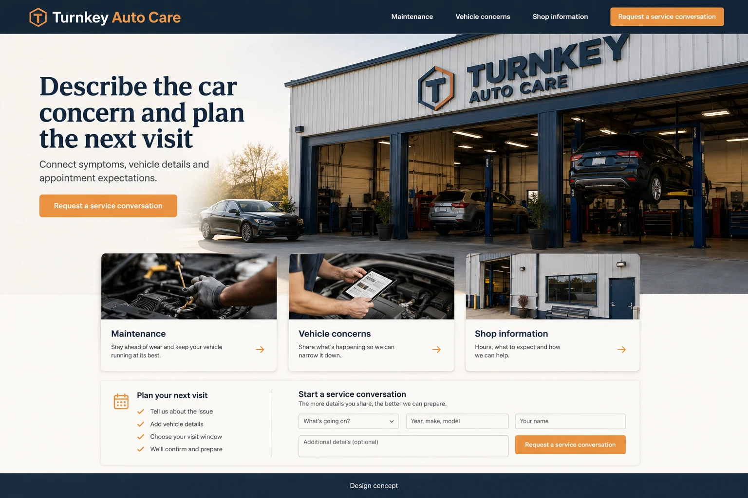 Auto Repair website concept: Describe the car concern and plan the next visit; call to action: Request a service conversation