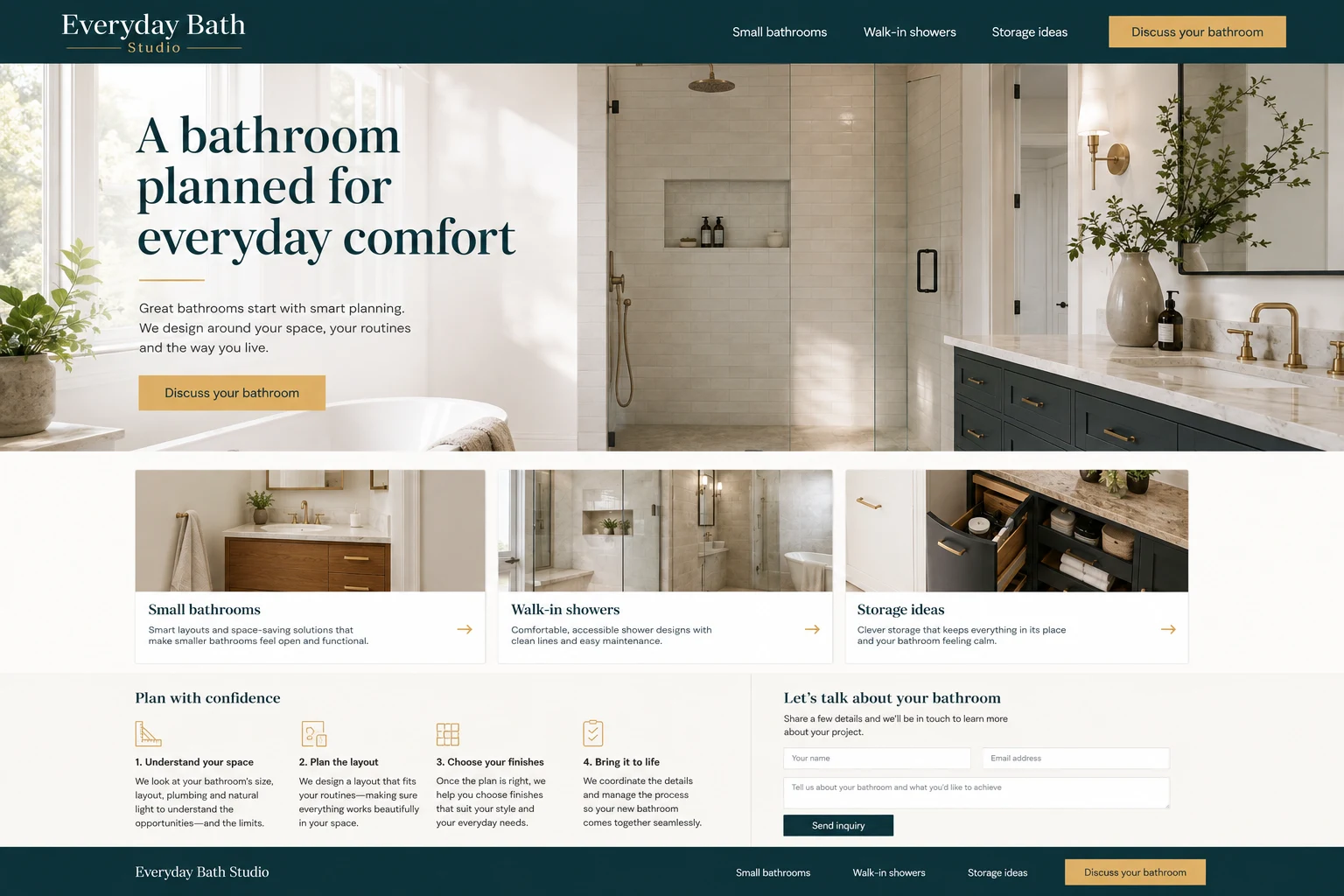 Bathroom Remodeling website concept: A bathroom planned for everyday comfort; call to action: Discuss your bathroom