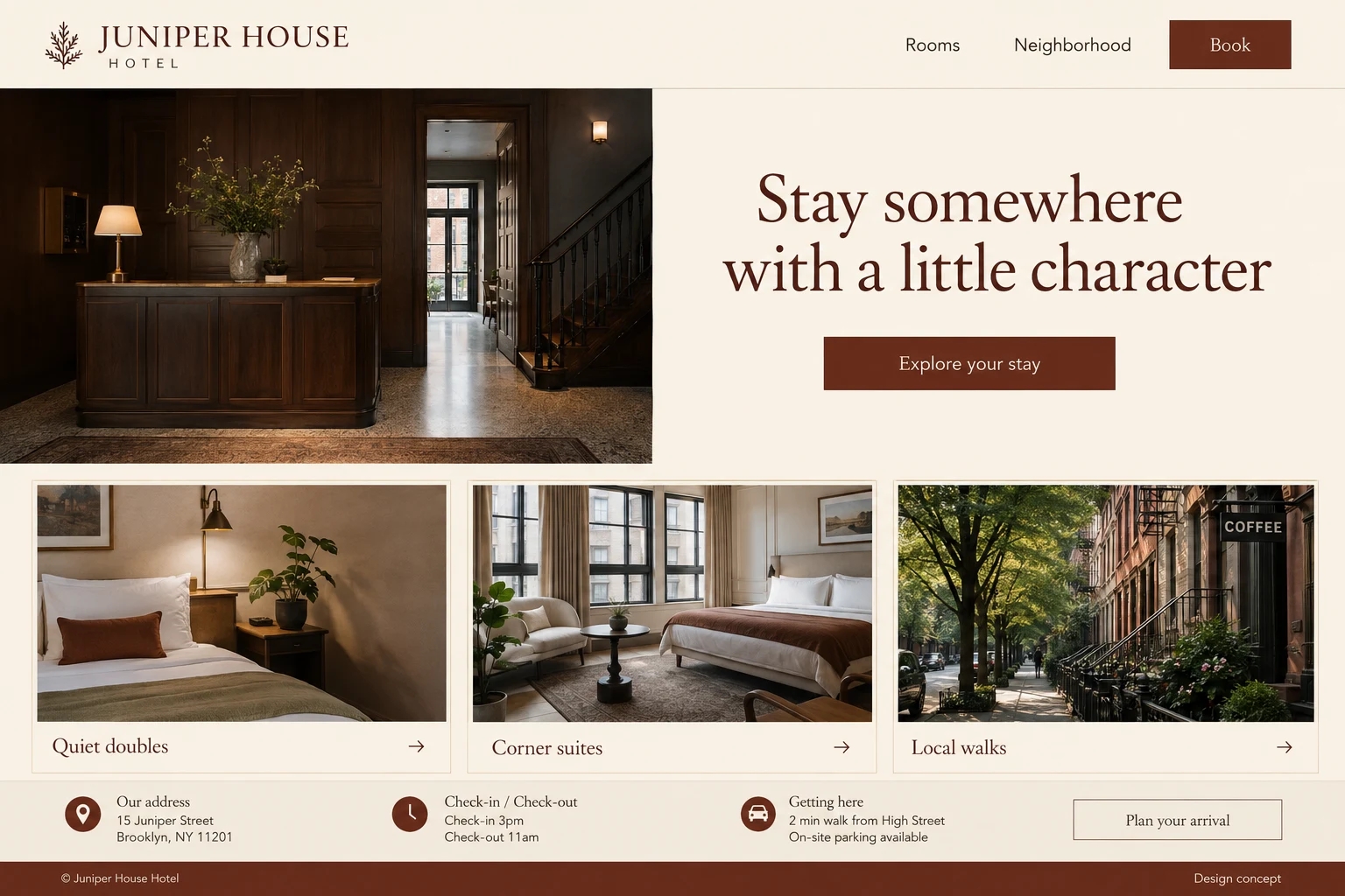 Boutique Hotel website concept: Stay somewhere with a little character; call to action: Explore your stay