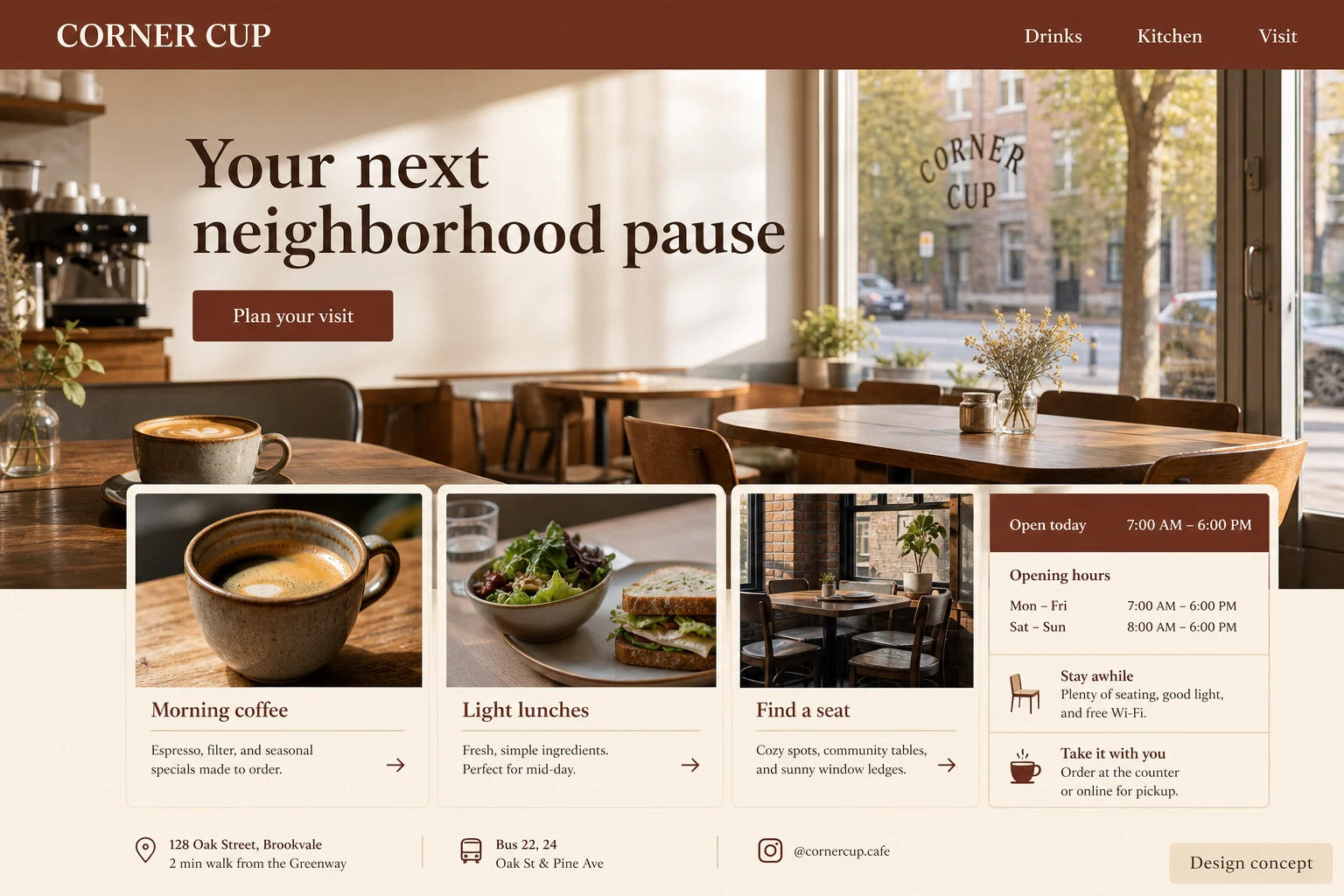 Cafe website concept: Your next neighborhood pause; call to action: Plan your visit