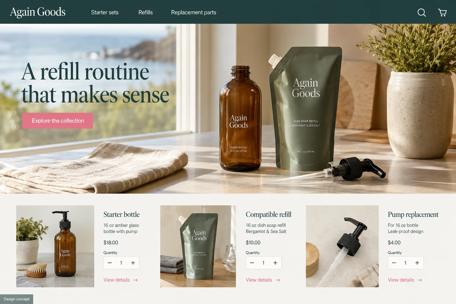 California website concept: A refill routine that makes sense; call to action: Explore the collection