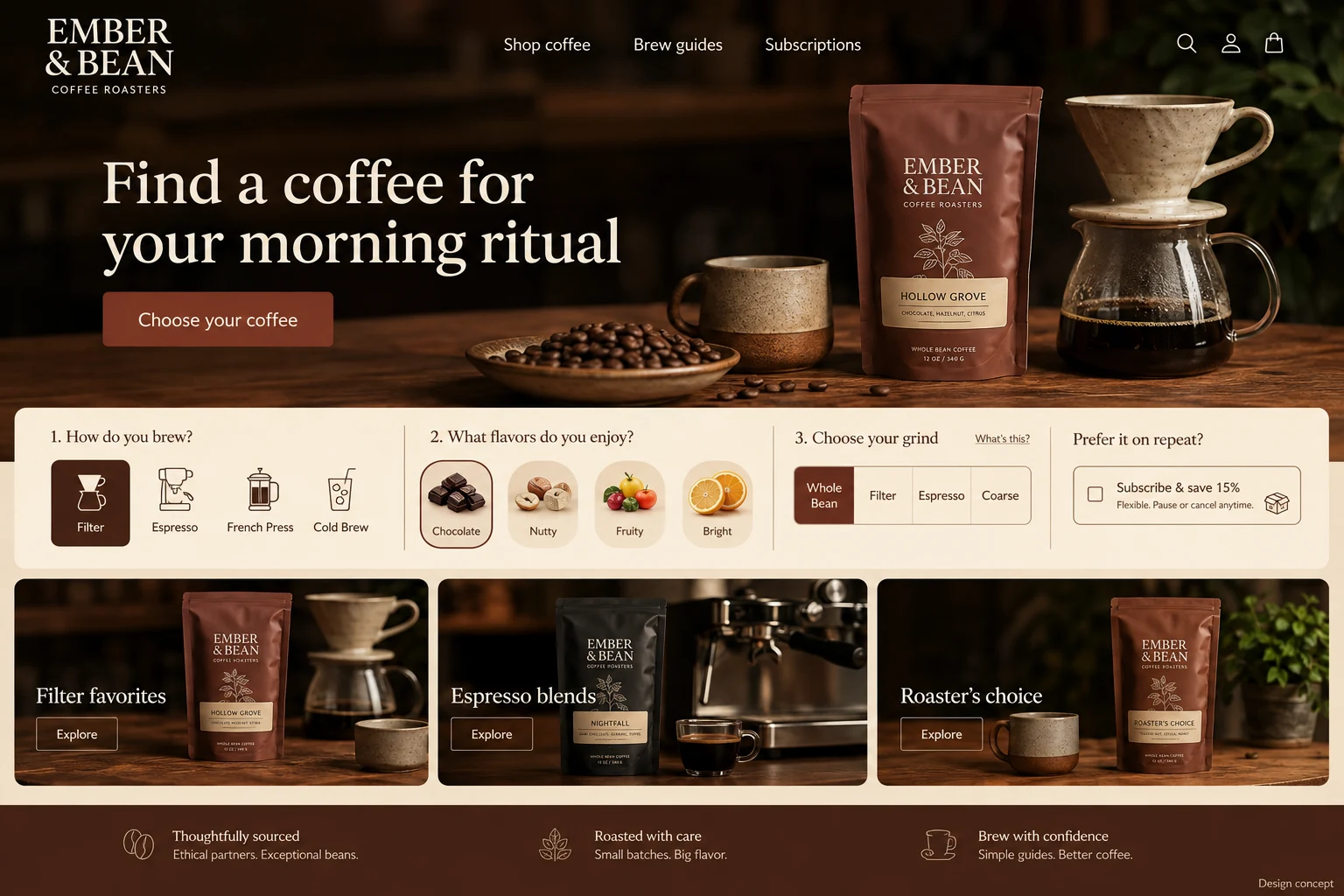 Coffee Roaster website concept: Find a coffee for your morning ritual; call to action: Choose your coffee