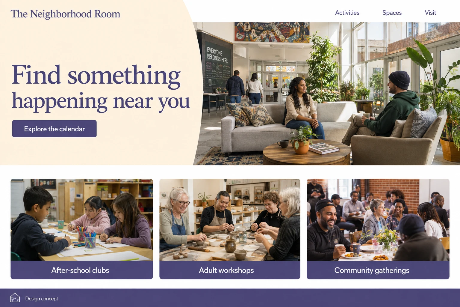 Community Center website concept: Find something happening near you; call to action: Explore the calendar