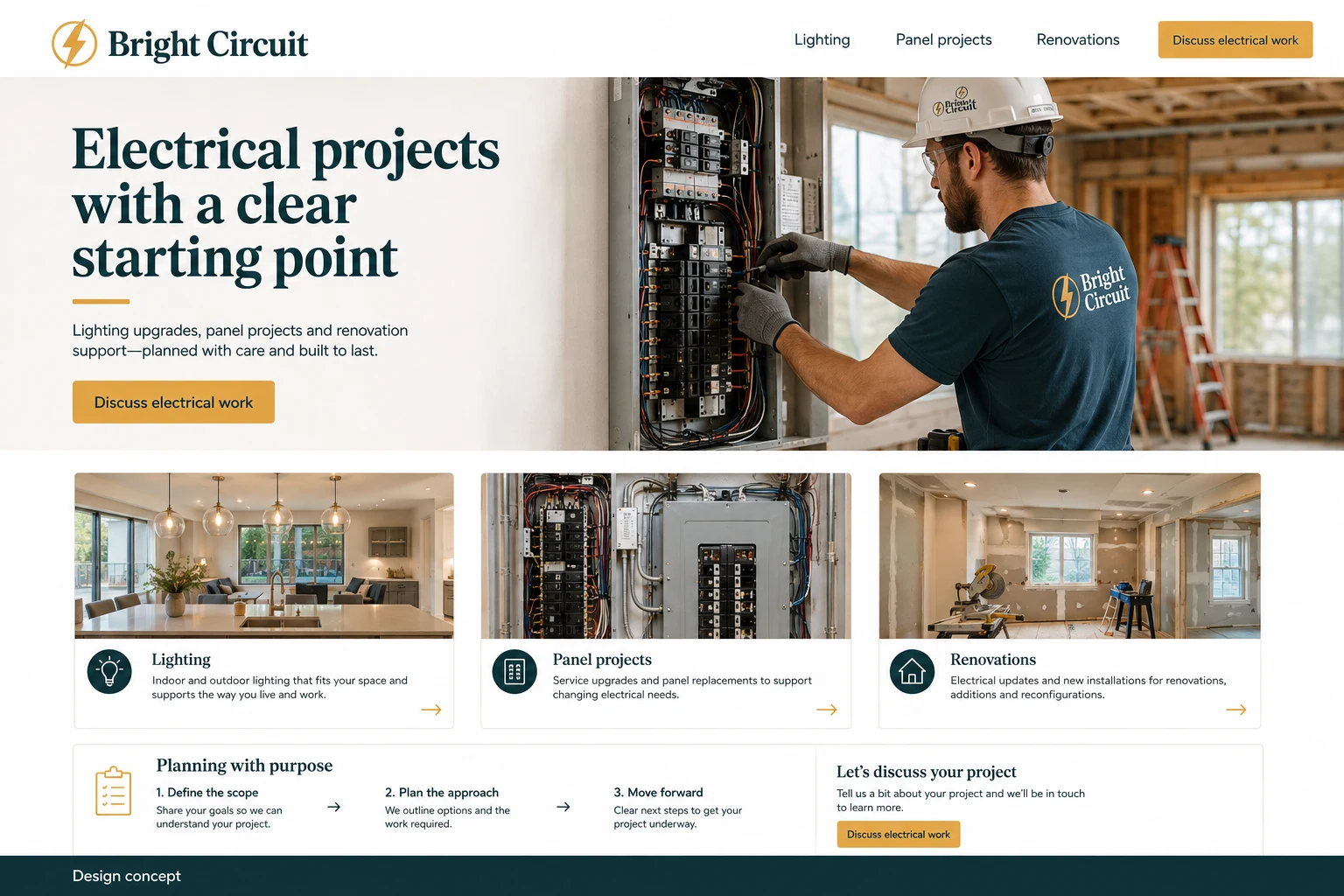 Electrical Contractors website concept: Electrical projects with a clear starting point; call to action: Discuss electrical work