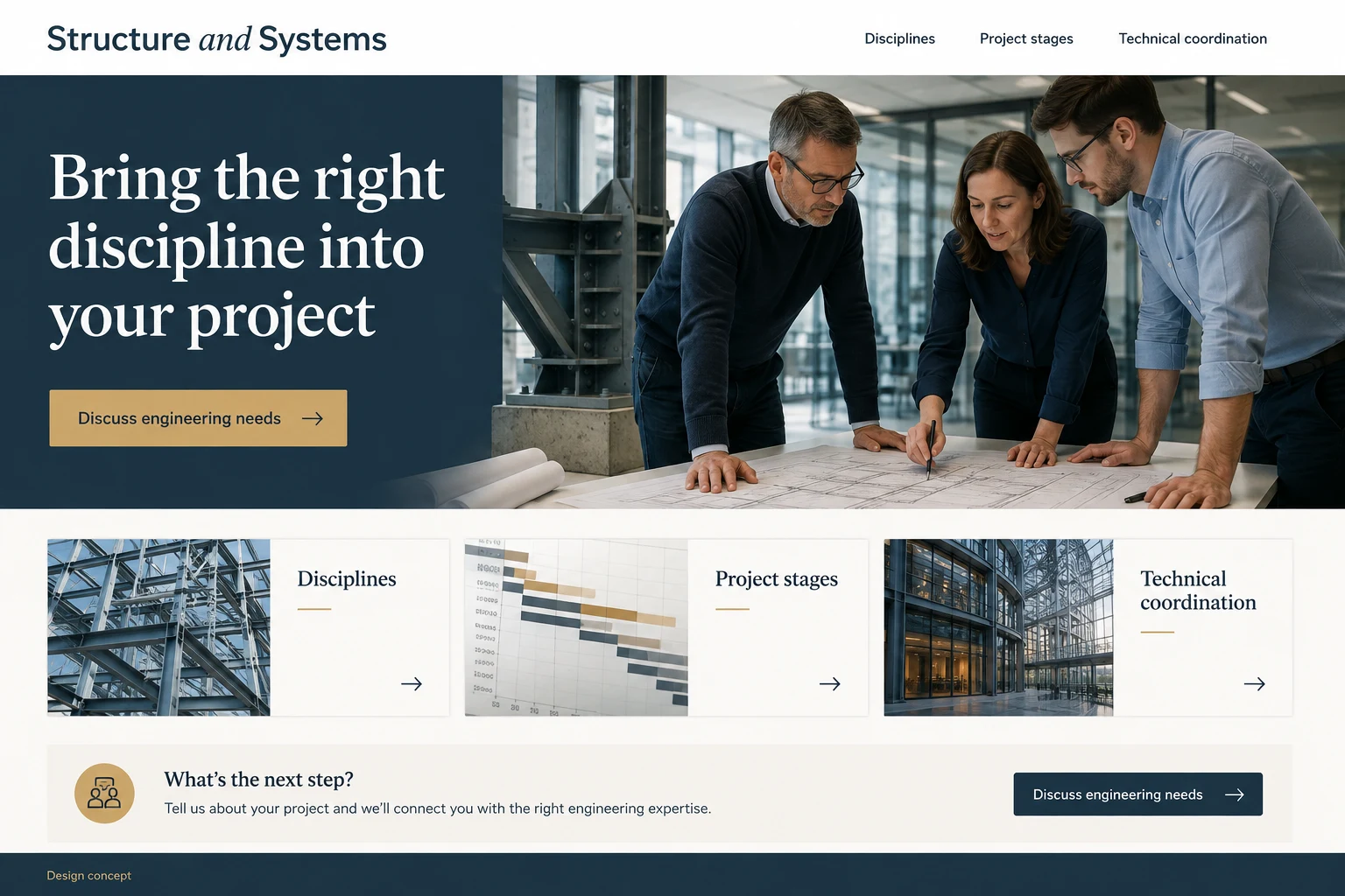 Engineering Consultancies website concept: Bring the right discipline into your project; call to action: Discuss engineering needs