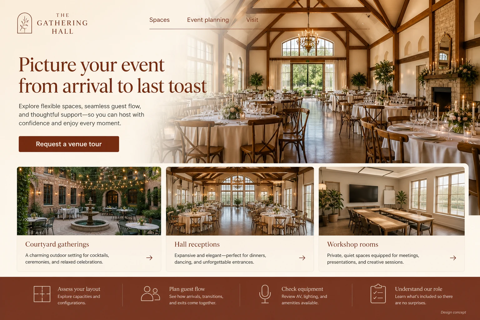 Event Venue website concept: Picture your event from arrival to last toast; call to action: Request a venue tour