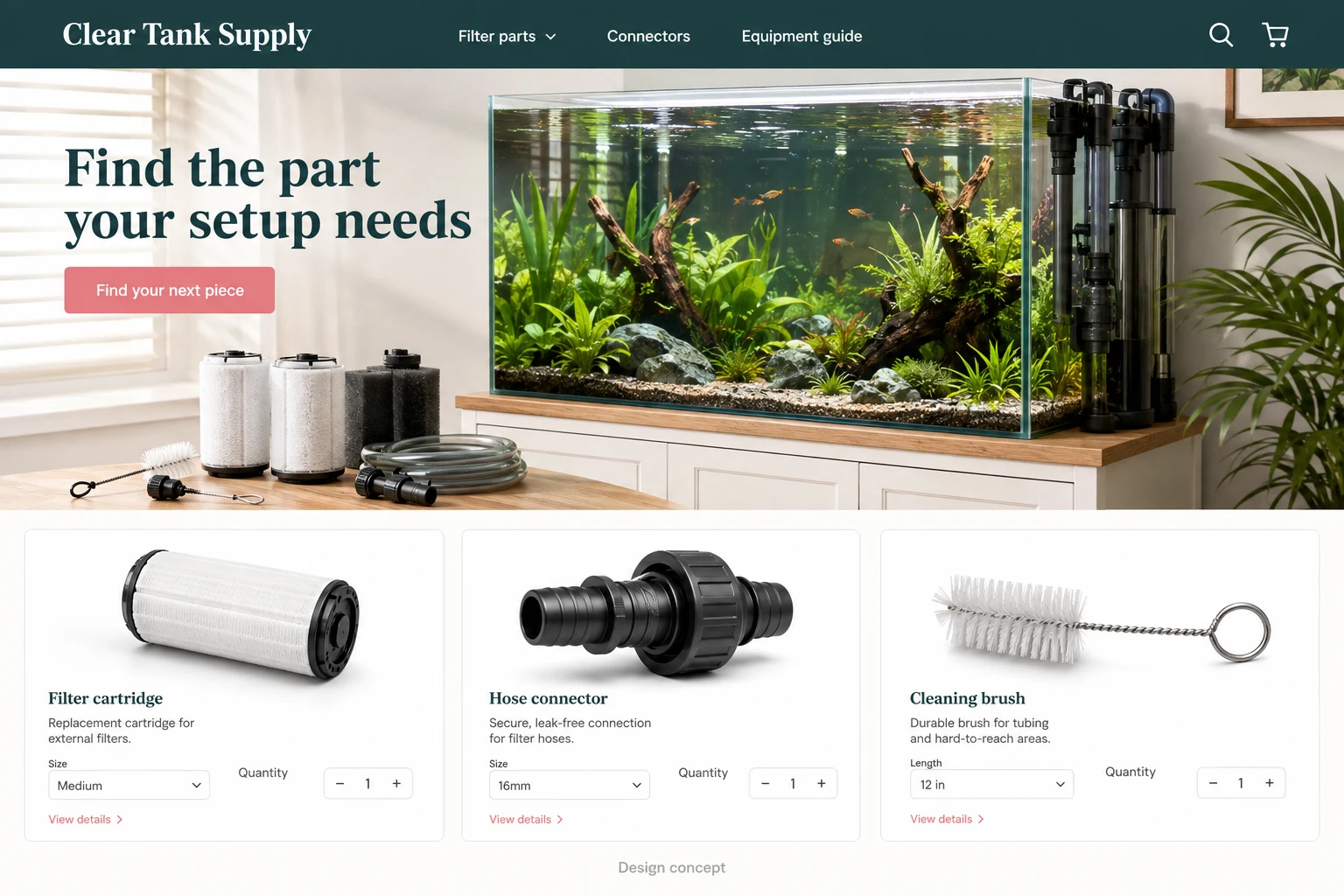 Florida website concept: Find the part your setup needs; call to action: Find your next piece
