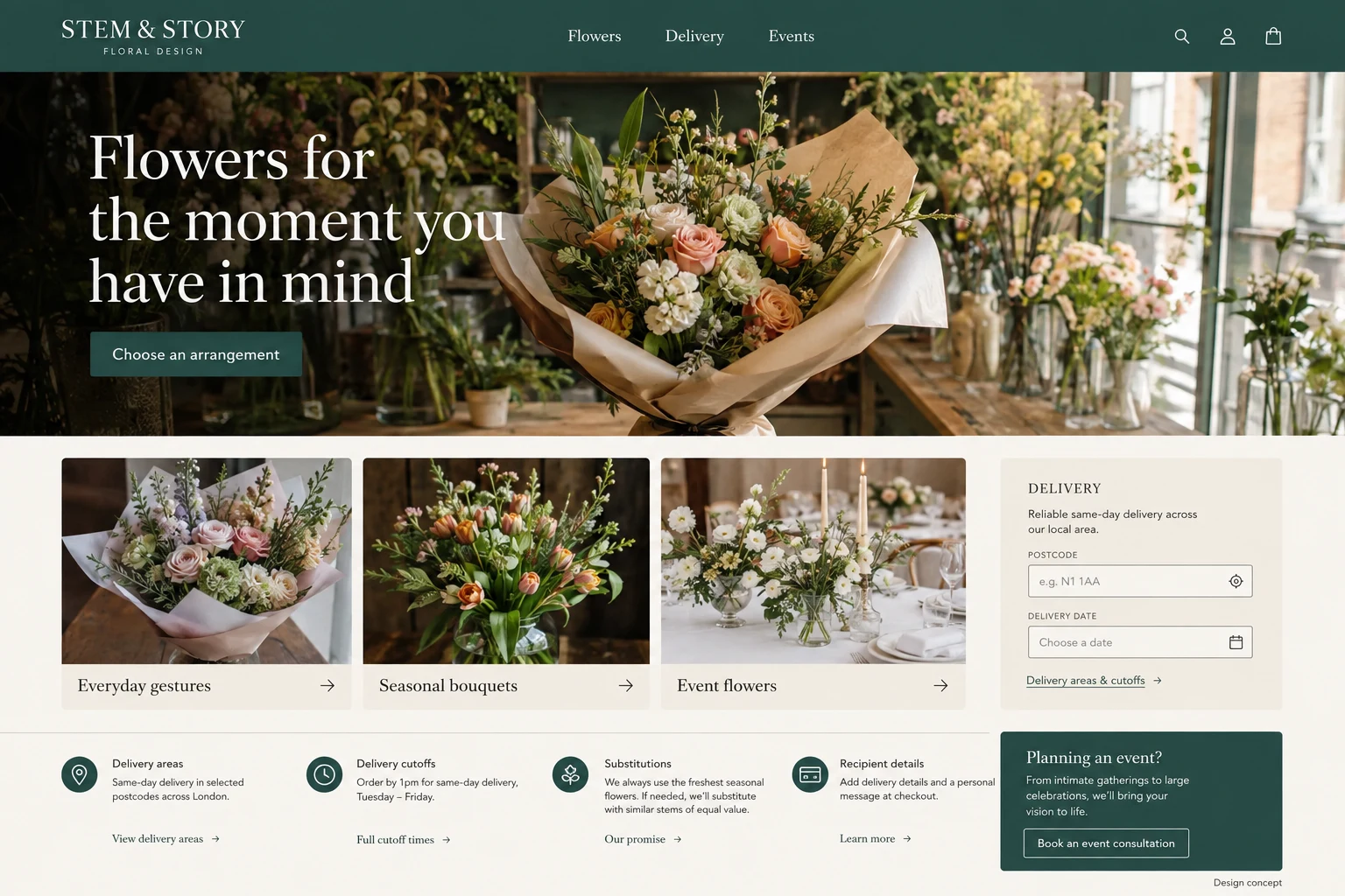 Florist website concept: Flowers for the moment you have in mind; call to action: Choose an arrangement