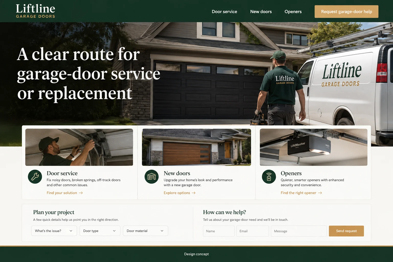 Garage Door Services website concept: A clear route for garage-door service or replacement; call to action: Request garage-door help