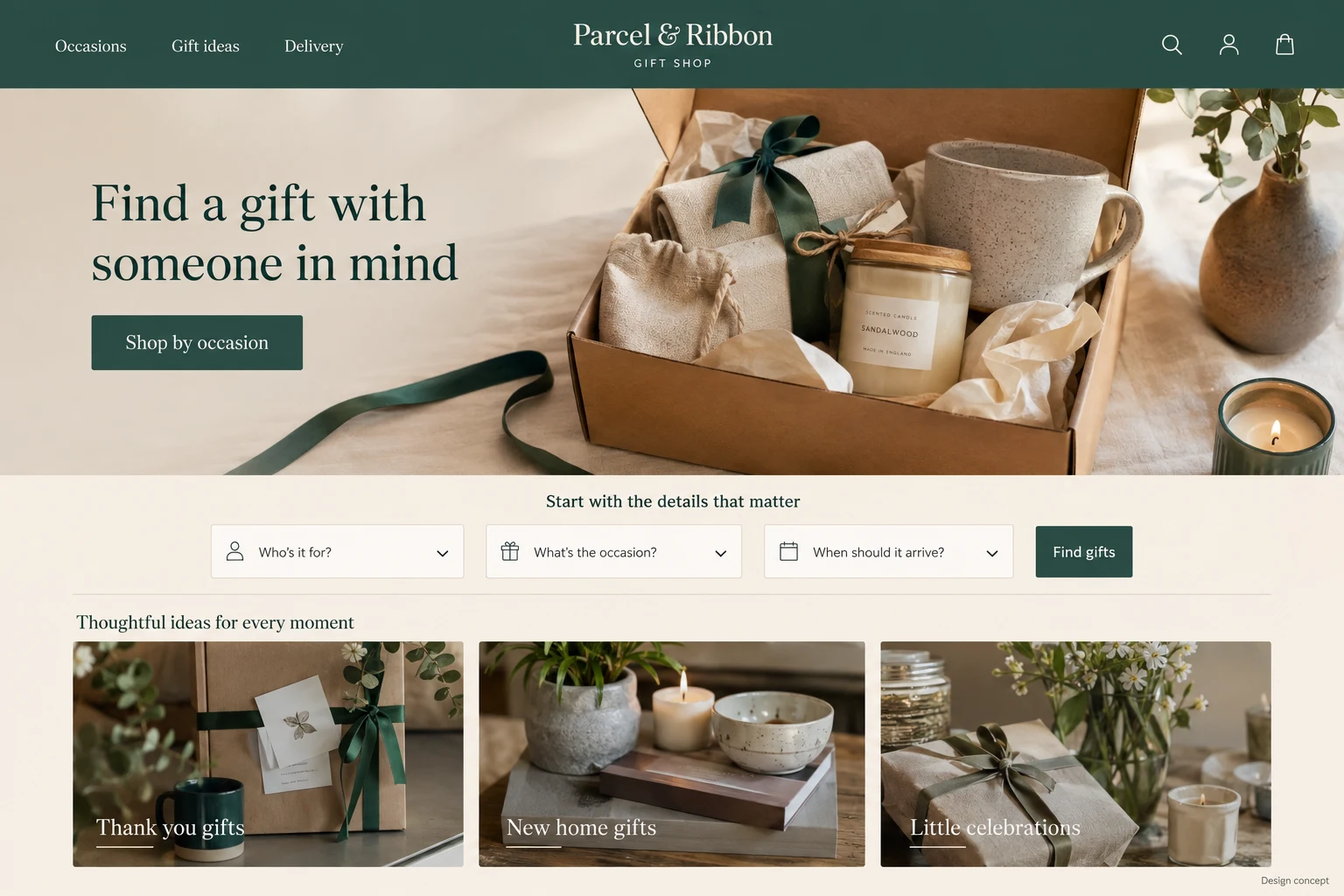 Gift Shop website concept: Find a gift with someone in mind; call to action: Shop by occasion