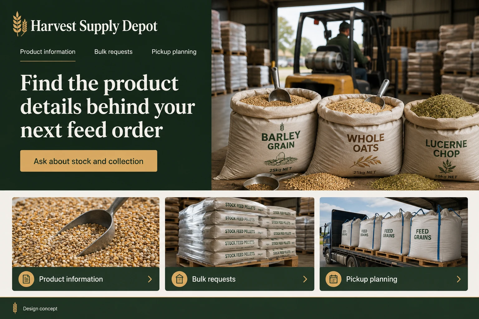 Grain and Feed Suppliers website concept: Find the product details behind your next feed order; call to action: Ask about stock and collection