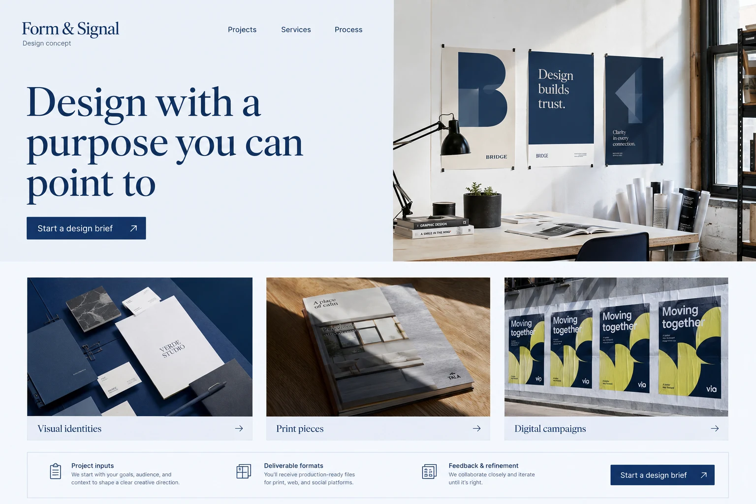 Graphic Designer website concept: Design with a purpose you can point to; call to action: Start a design brief
