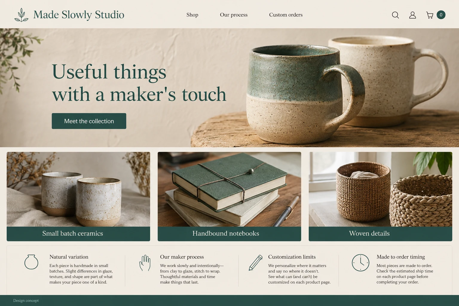 Handmade Goods Seller website concept: Useful things with a maker's touch; call to action: Meet the collection