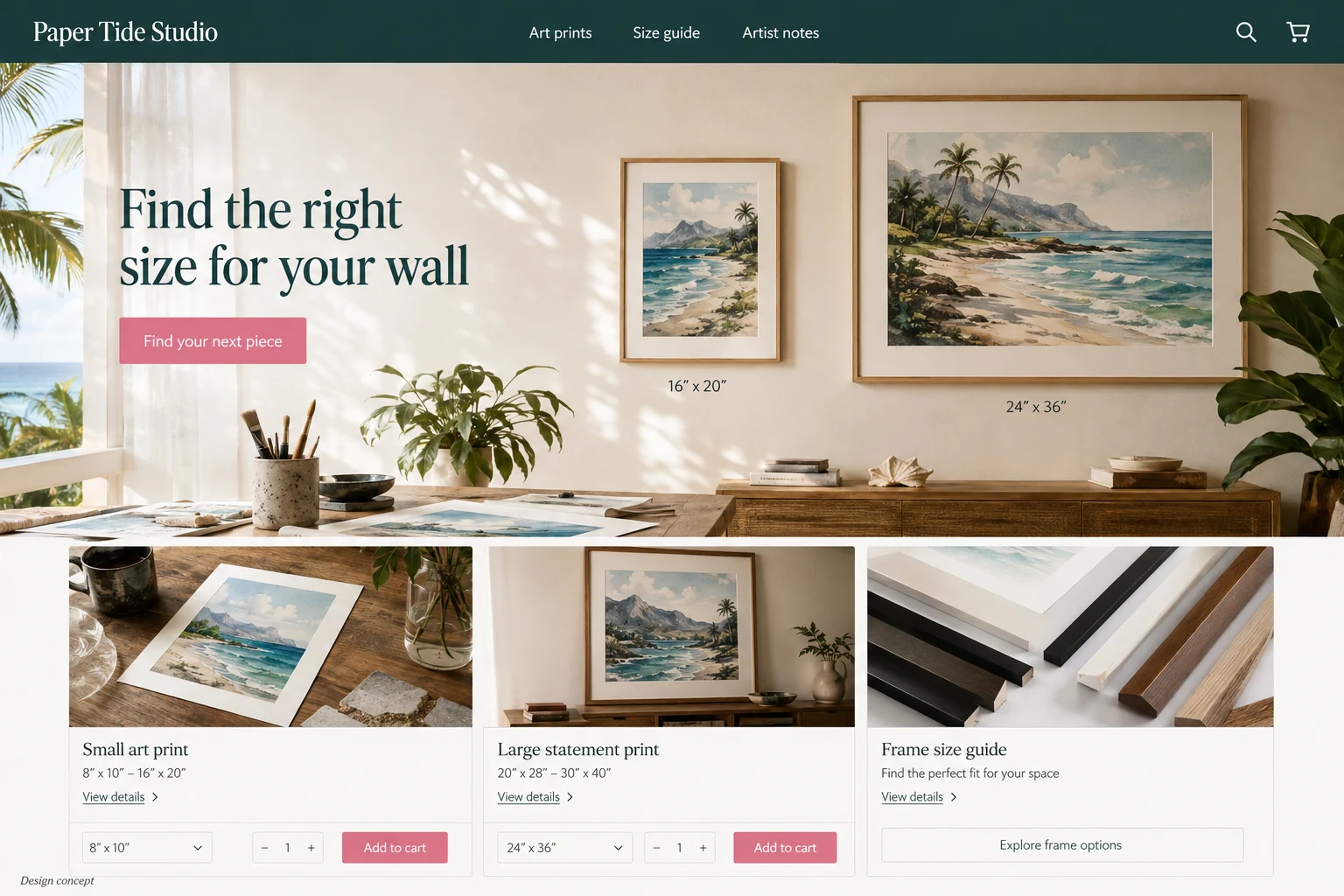 Hawaii website concept: Find the right size for your wall; call to action: Find your next piece