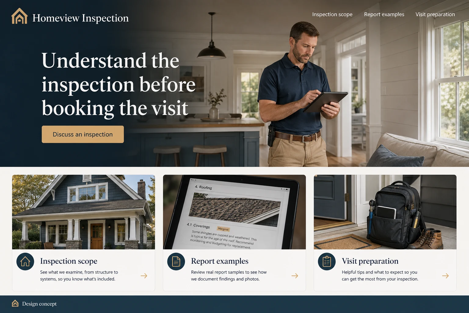 Home Inspection website concept: Understand the inspection before booking the visit; call to action: Discuss an inspection