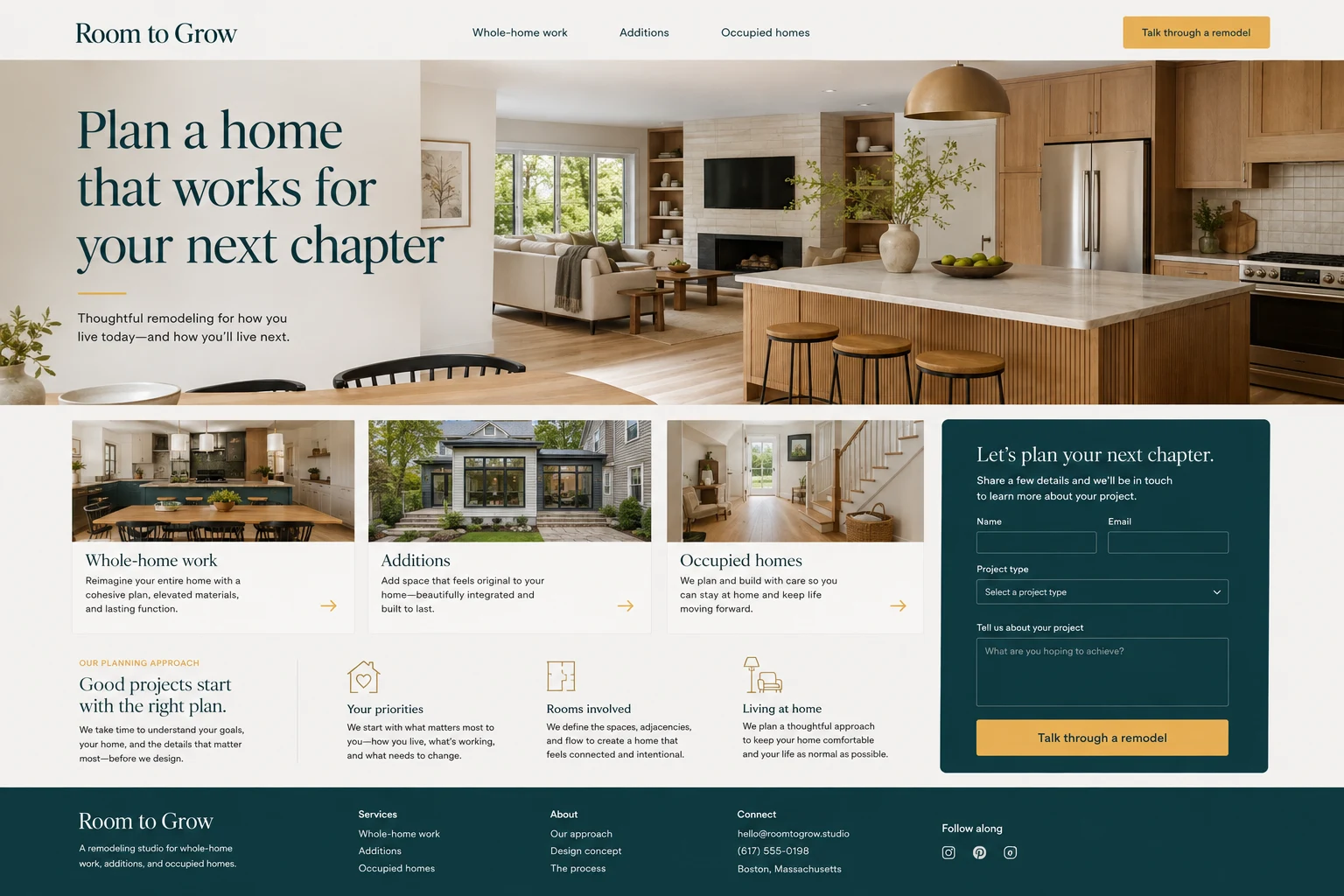 Home Remodeling website concept: Plan a home that works for your next chapter; call to action: Talk through a remodel