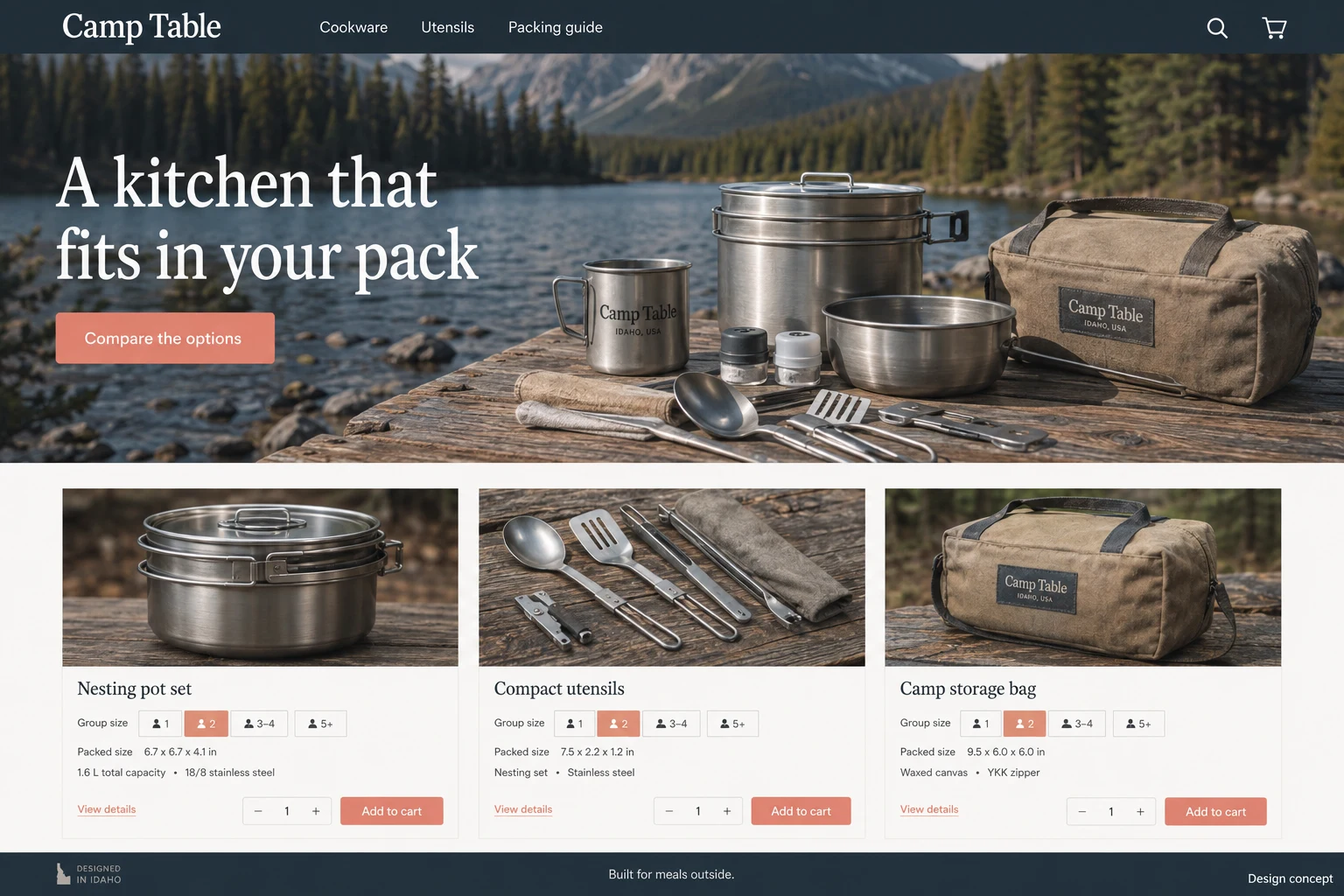 Idaho website concept: A kitchen that fits in your pack; call to action: Compare the options