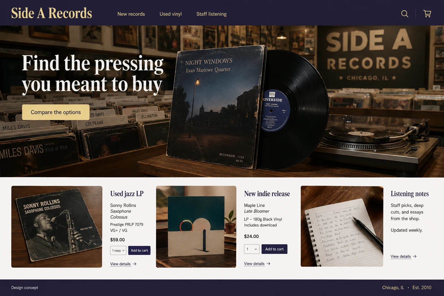 Illinois website concept: Find the pressing you meant to buy; call to action: Compare the options