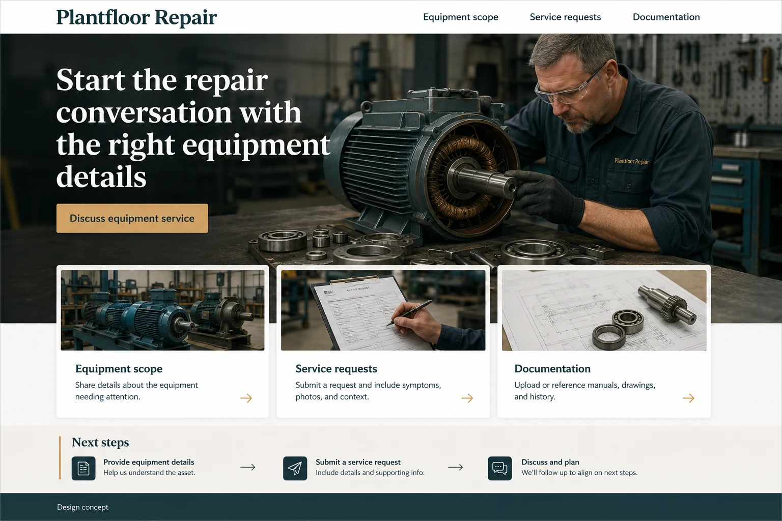Industrial Equipment Repair website concept: Start the repair conversation with the right equipment details; call to action: Discuss equipment service