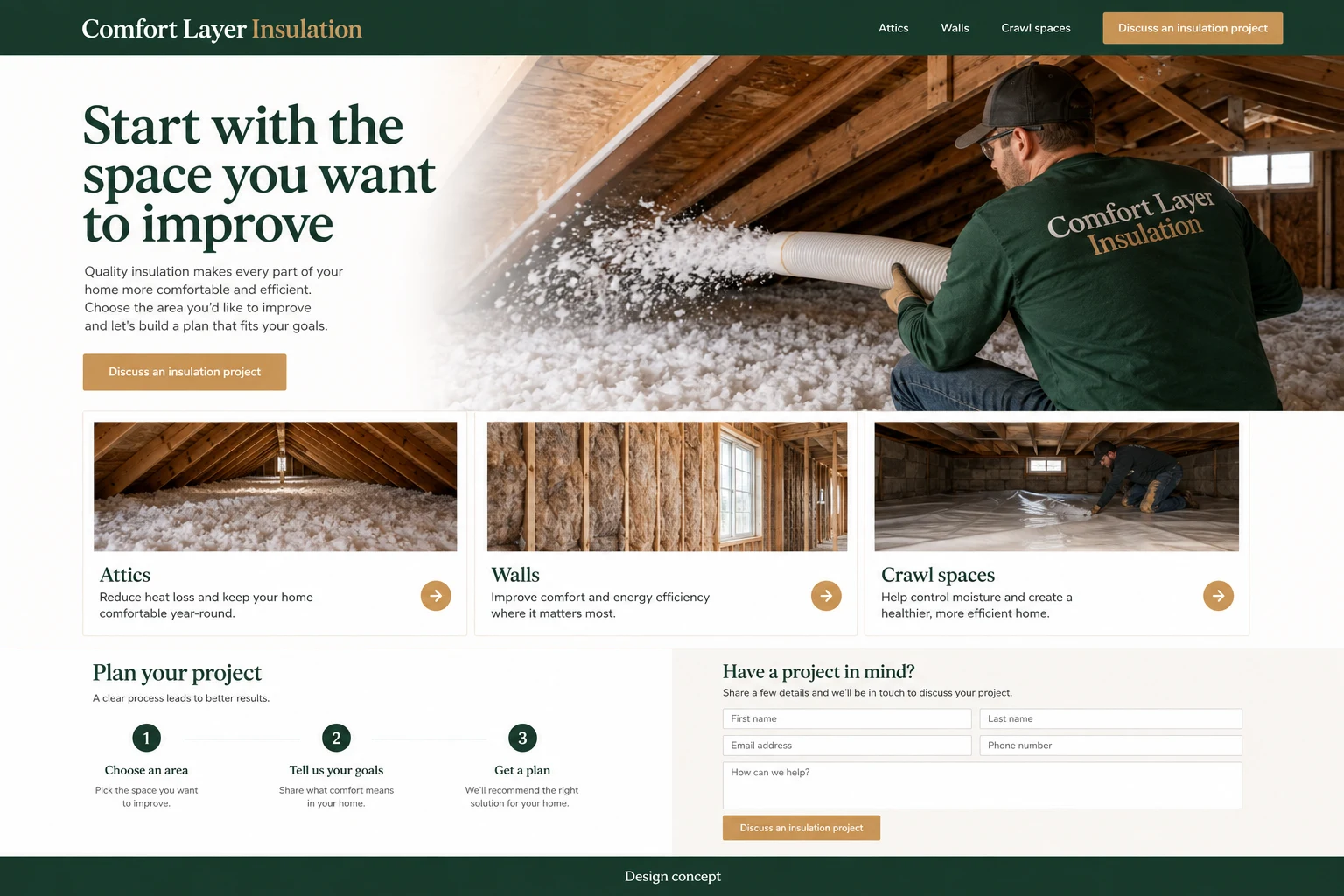 Insulation Contractors website concept: Start with the space you want to improve; call to action: Discuss an insulation project