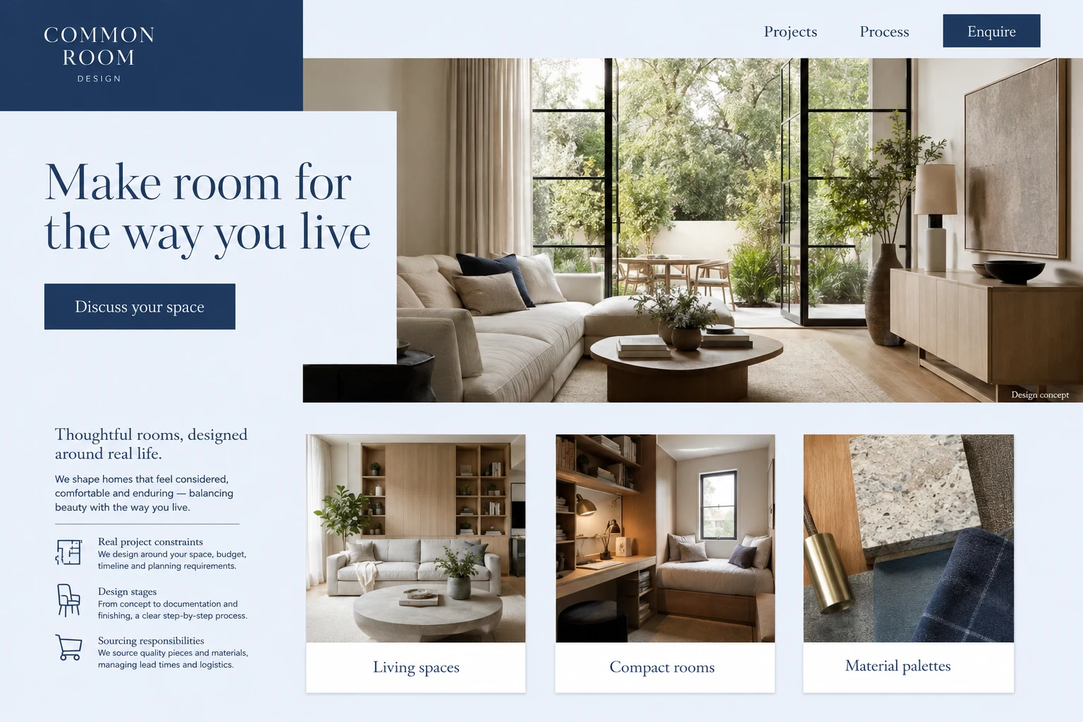 Interior Designer website concept: Make room for the way you live; call to action: Discuss your space