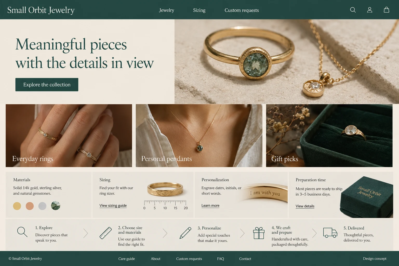 Jewelry Store website concept: Meaningful pieces with the details in view; call to action: Explore the collection
