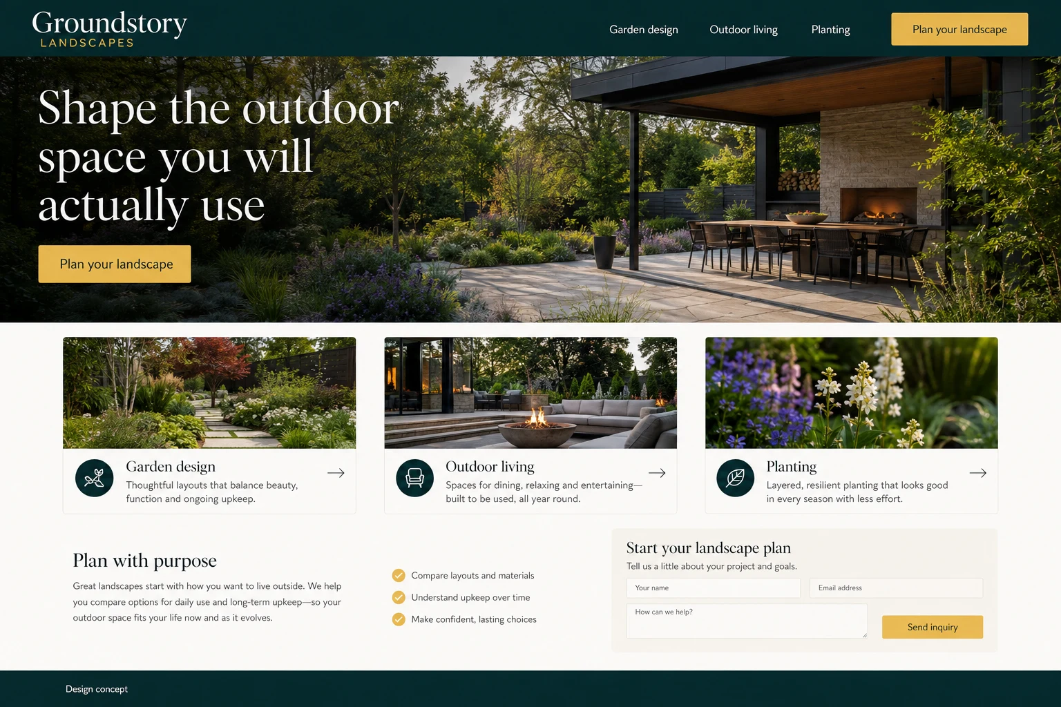 Landscaping website concept: Shape the outdoor space you will actually use; call to action: Plan your landscape