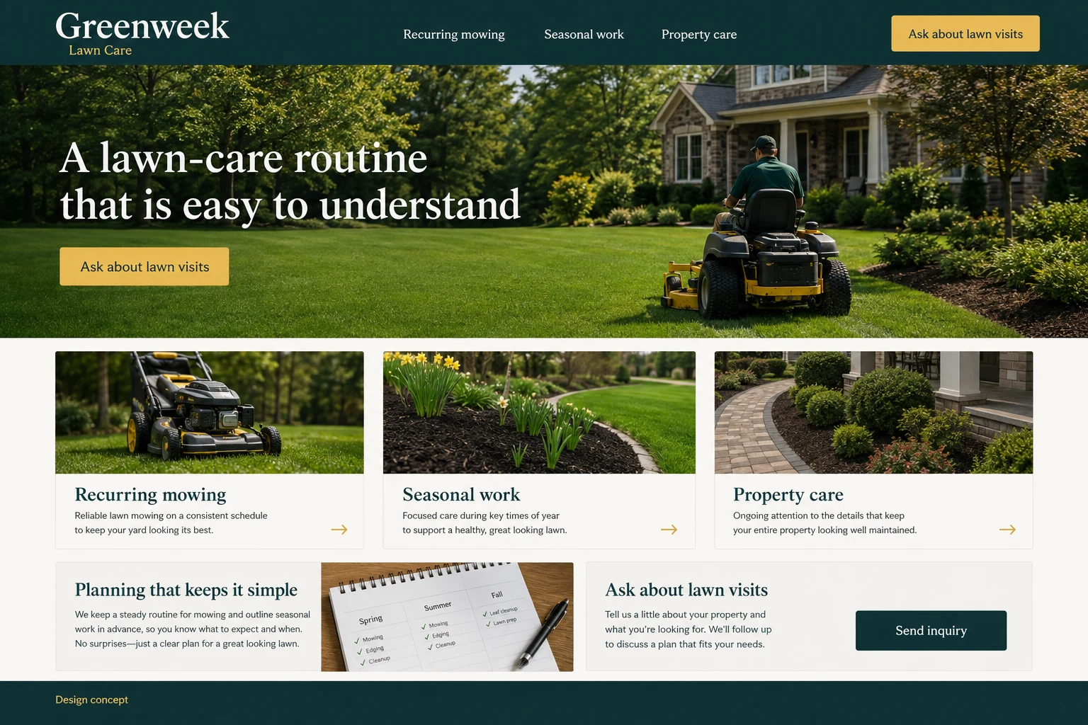 Lawn Care website concept: A lawn-care routine that is easy to understand; call to action: Ask about lawn visits