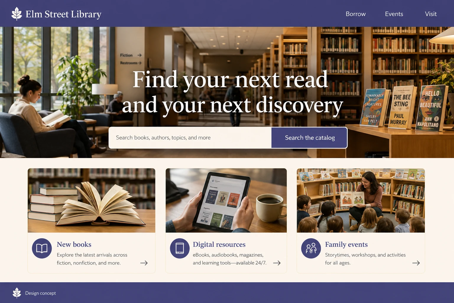 Library website concept: Find your next read and your next discovery; call to action: Search the catalog