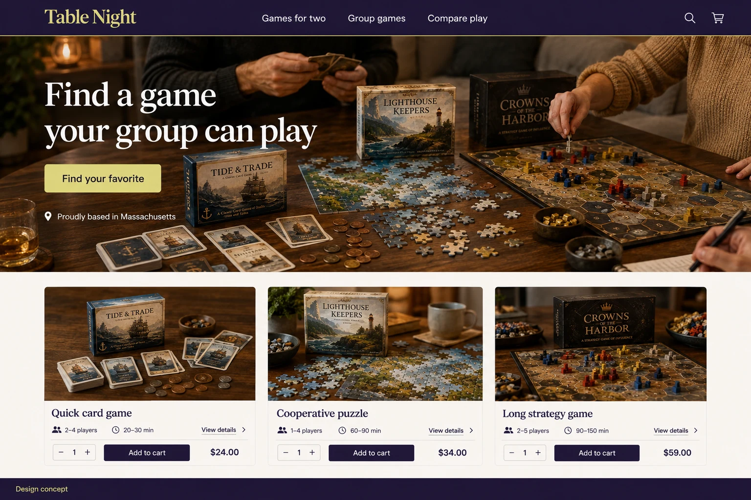Massachusetts website concept: Find a game your group can play; call to action: Find your favorite