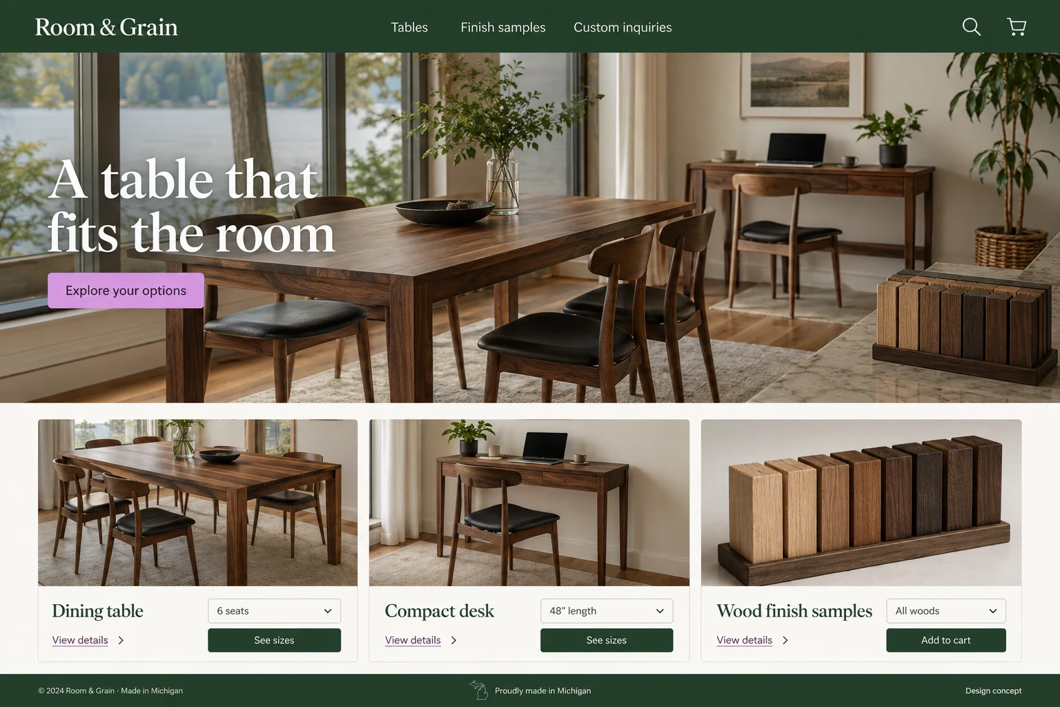 Michigan website concept: A table that fits the room; call to action: Explore your options