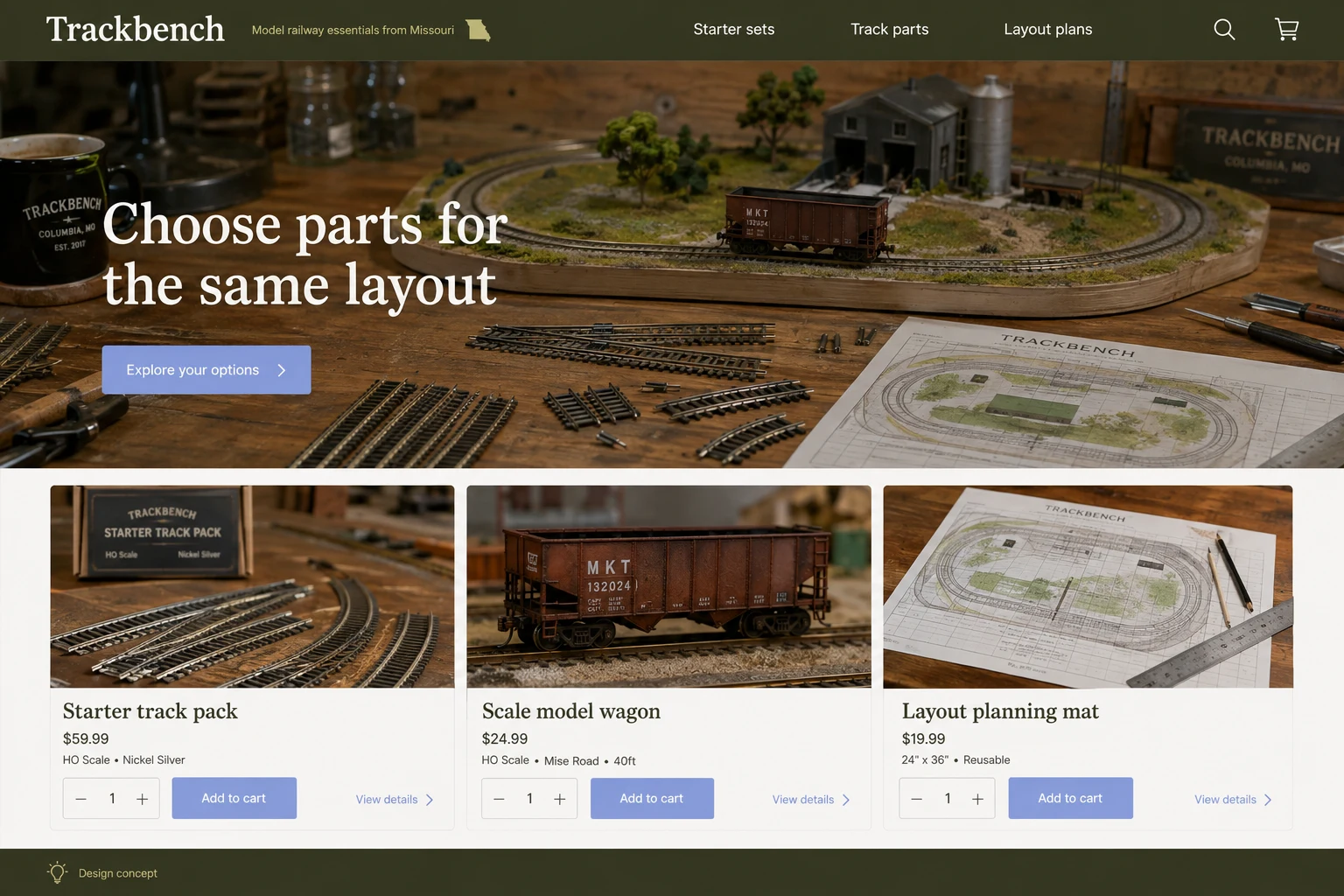 Missouri website concept: Choose parts for the same layout; call to action: Explore your options