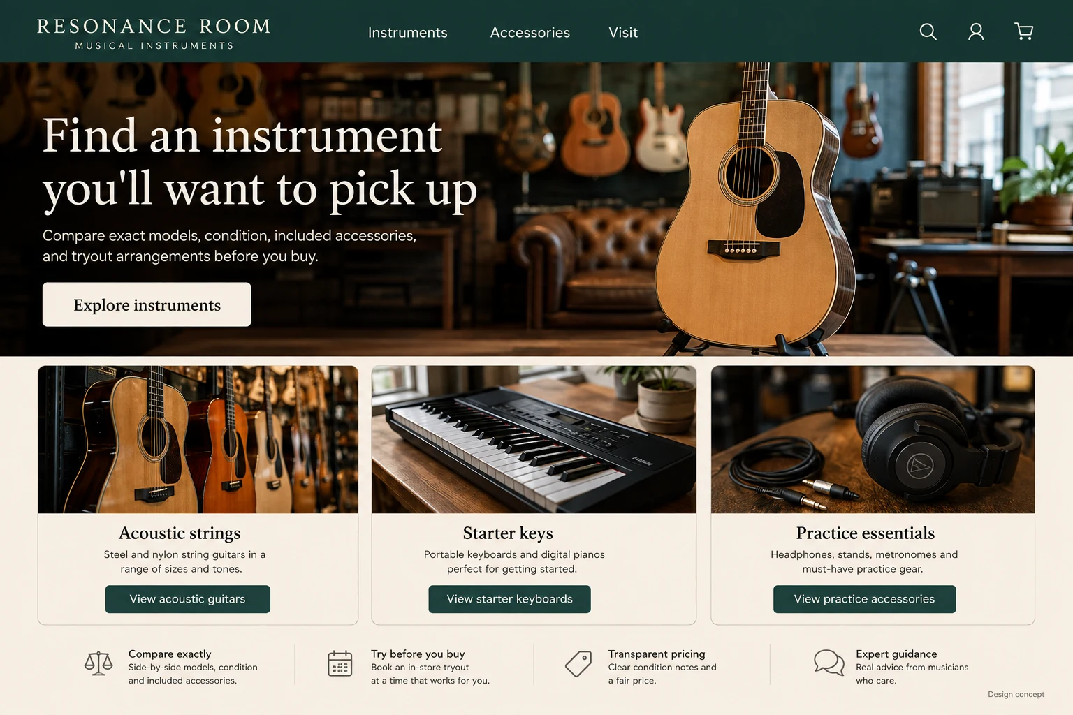Musical Instrument Store website concept: Find an instrument you'll want to pick up; call to action: Explore instruments