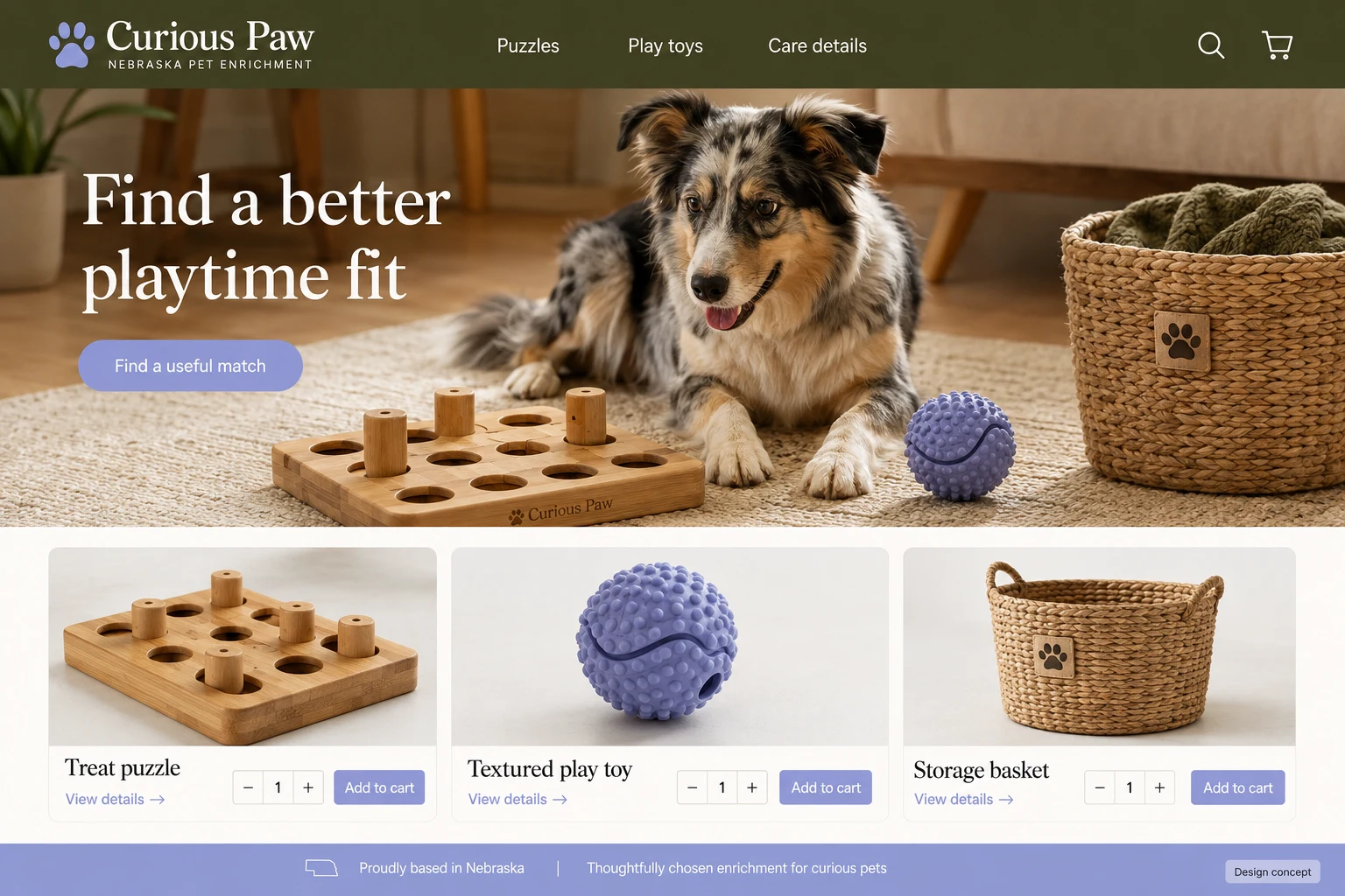Nebraska website concept: Find a better playtime fit; call to action: Find a useful match
