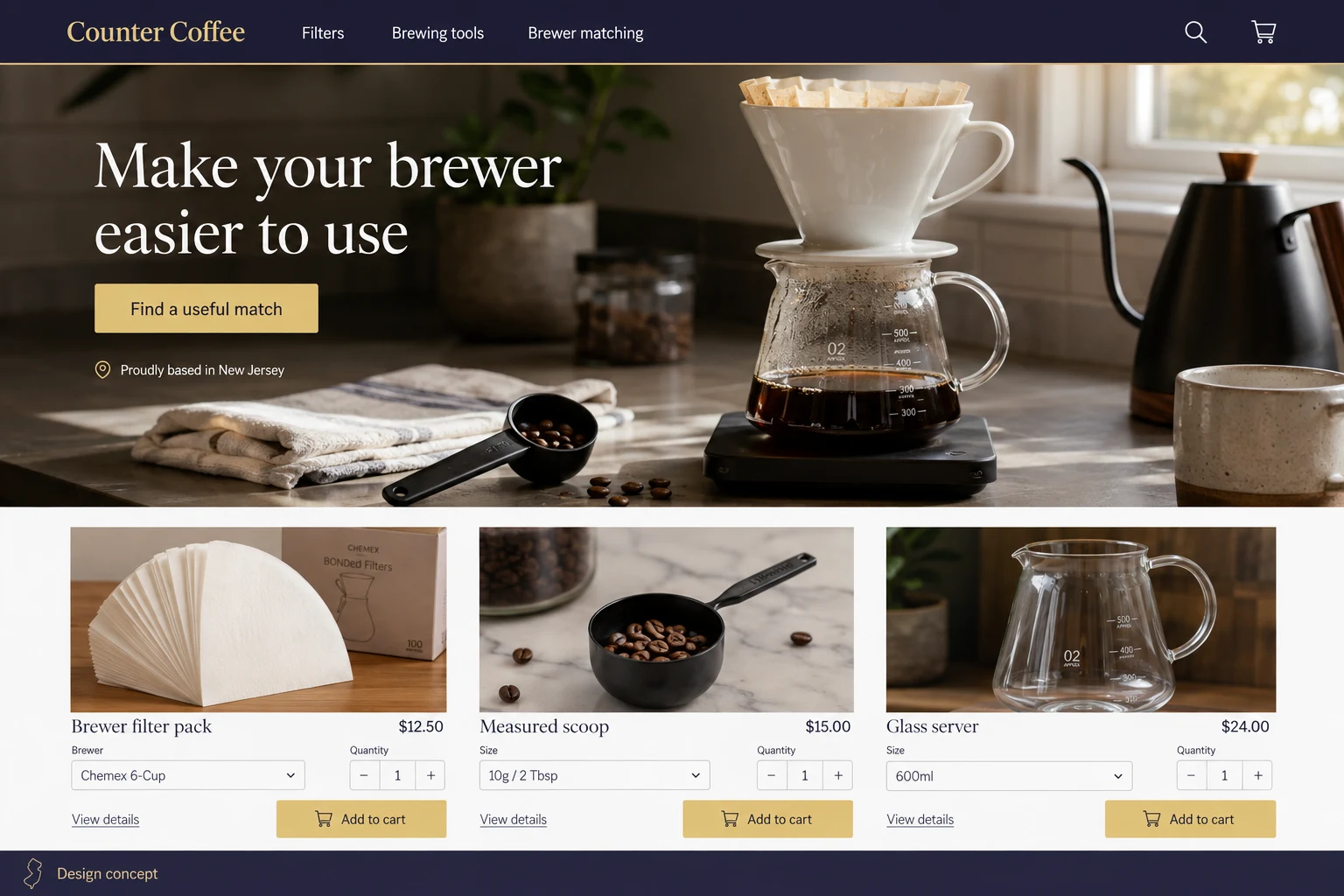New Jersey website concept: Make your brewer easier to use; call to action: Find a useful match