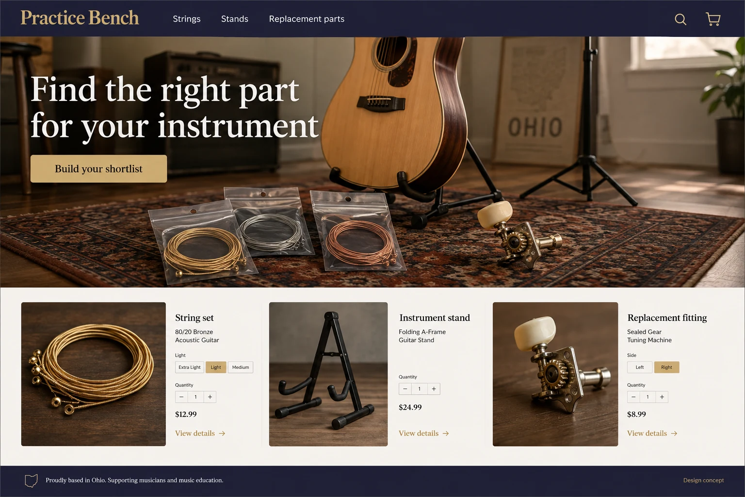 Ohio website concept: Find the right part for your instrument; call to action: Build your shortlist