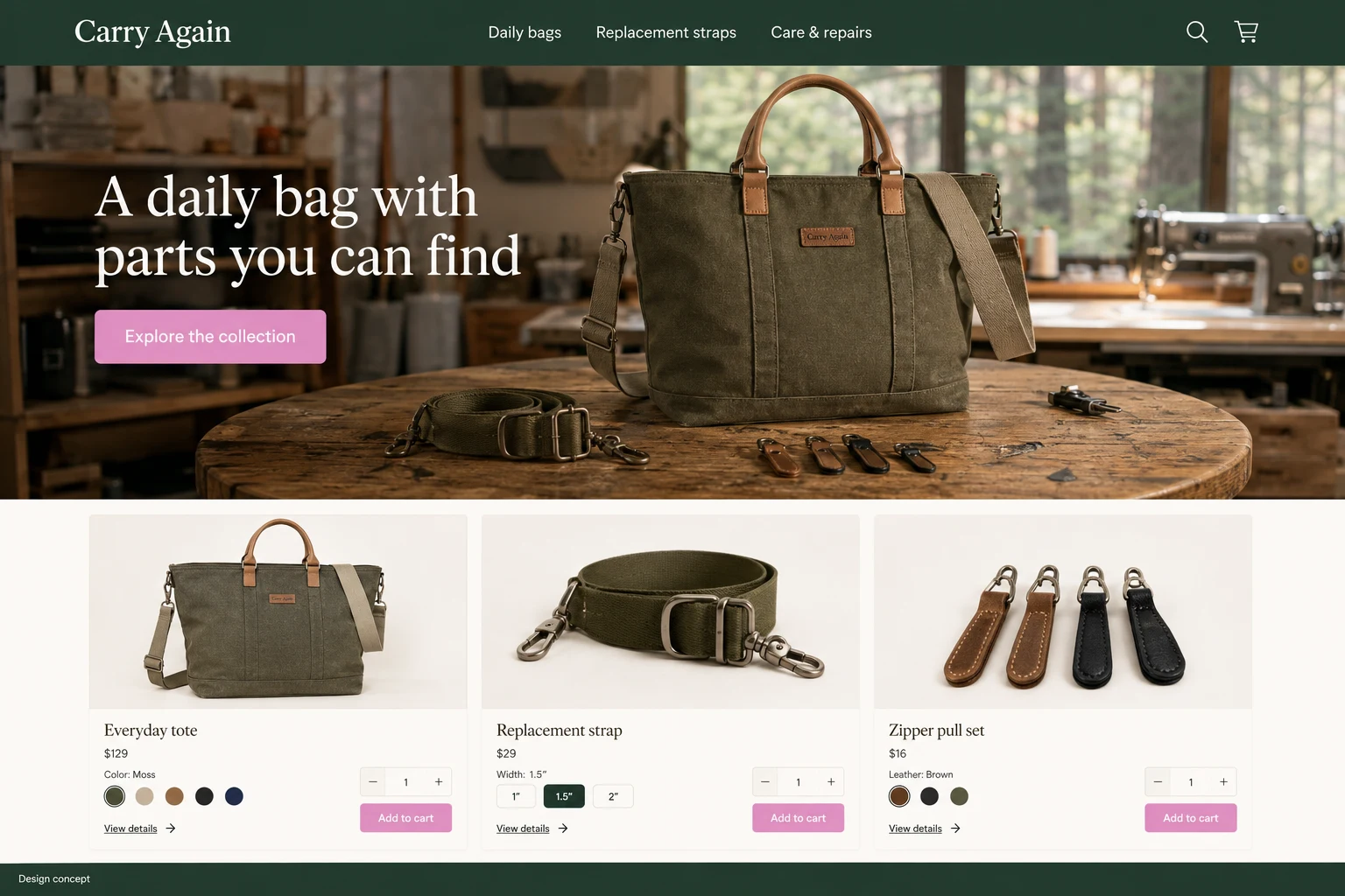 Oregon website concept: A daily bag with parts you can find; call to action: Explore the collection