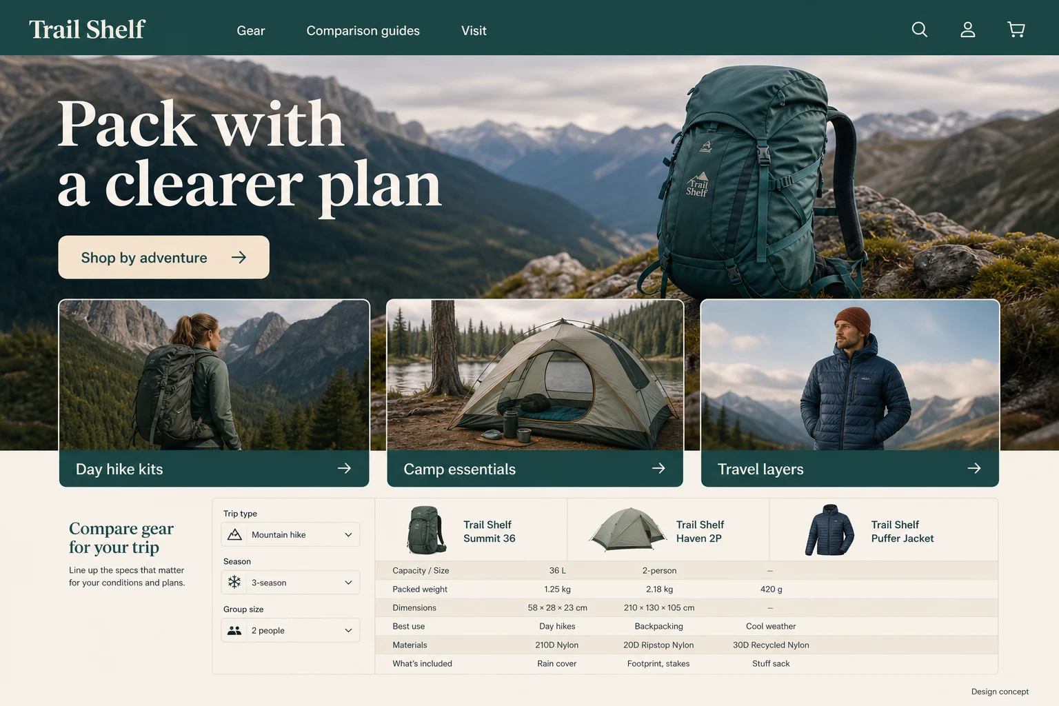 Outdoor Gear Store website concept: Pack with a clearer plan; call to action: Shop by adventure