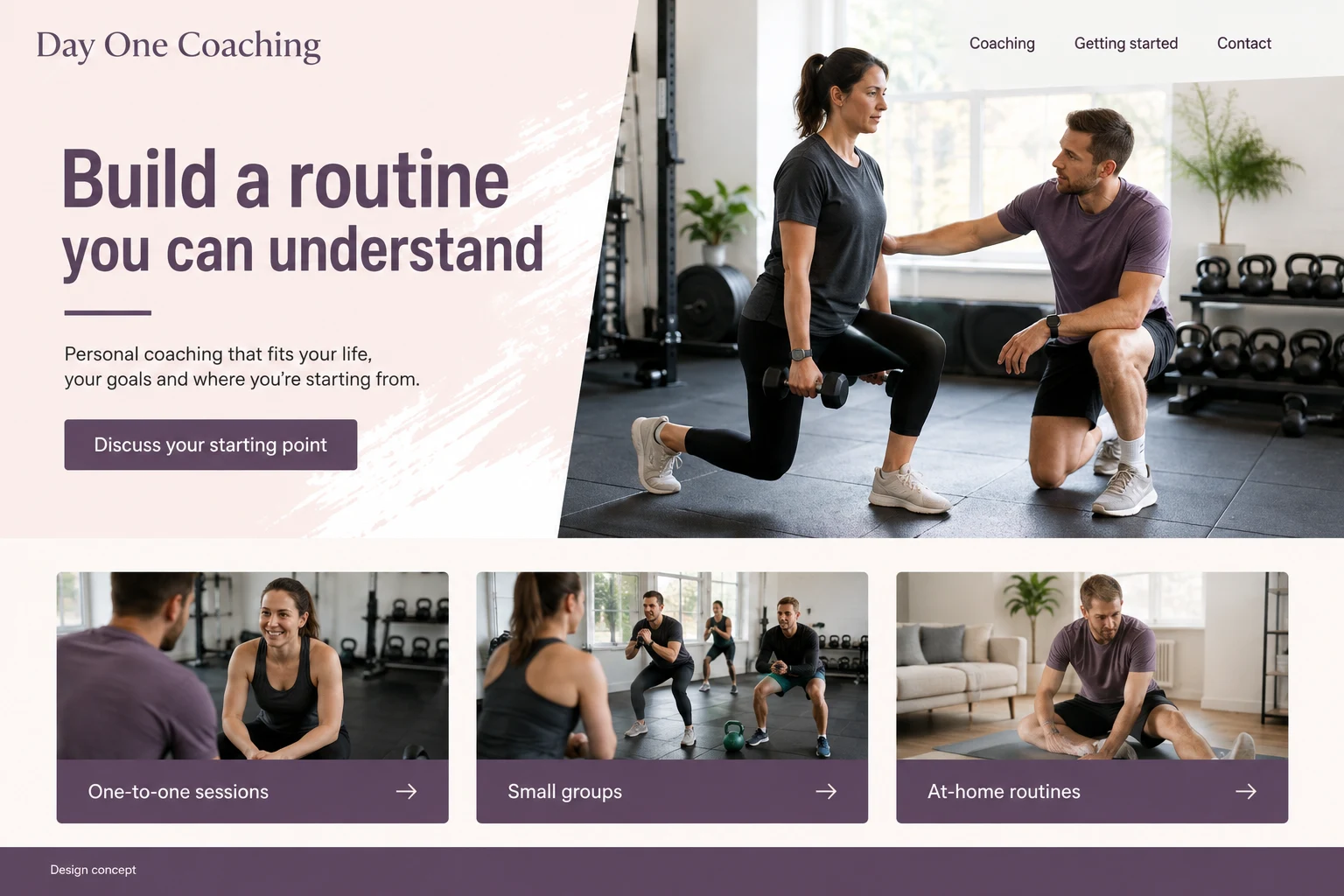 Personal Trainer website concept: Build a routine you can understand; call to action: Discuss your starting point