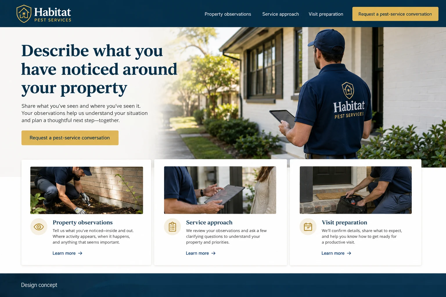 Pest Control website concept: Describe what you have noticed around your property; call to action: Request a pest-service conversation