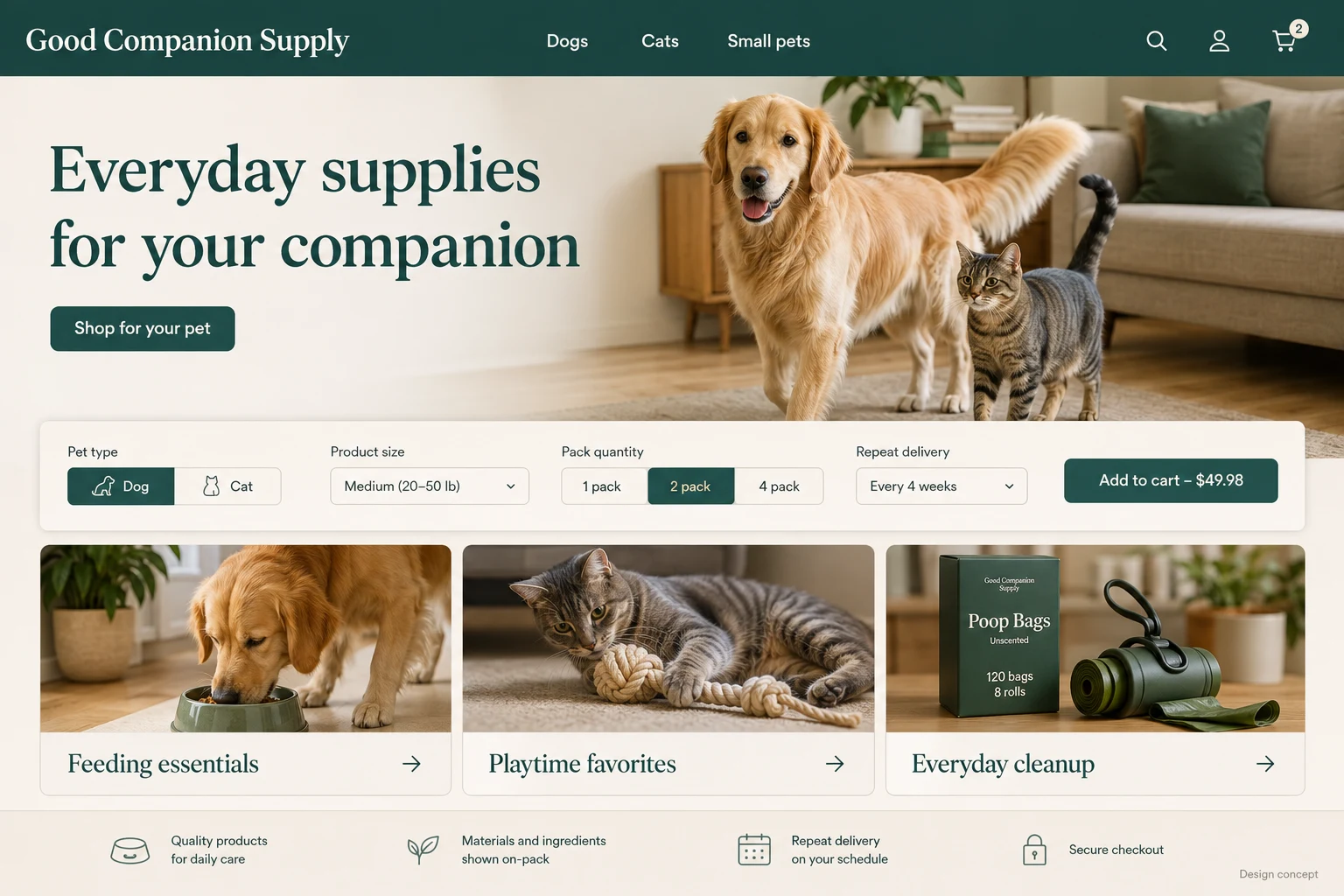 Pet Supply Store website concept: Everyday supplies for your companion; call to action: Shop for your pet
