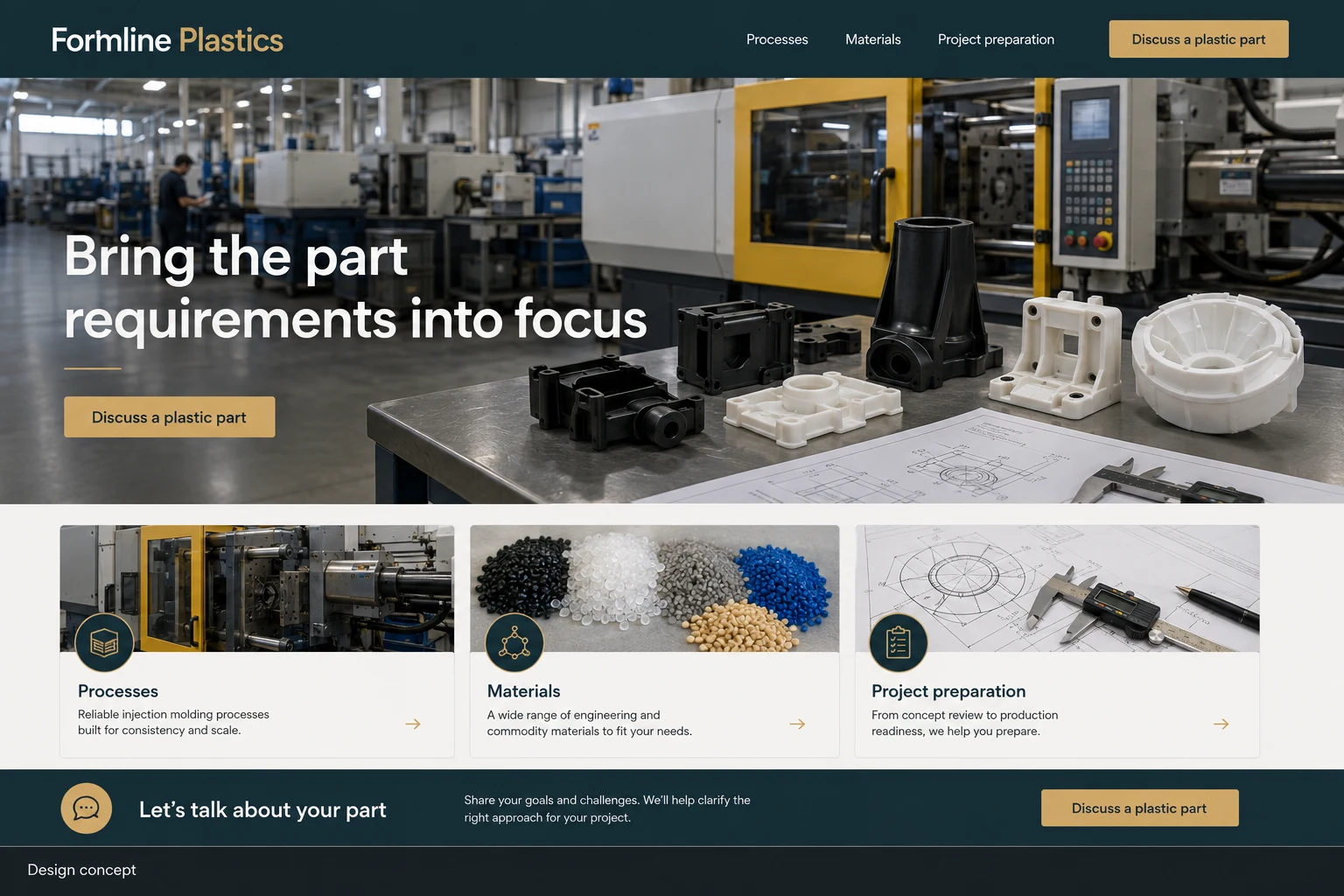 Plastics Manufacturing website concept: Bring the part requirements into focus; call to action: Discuss a plastic part